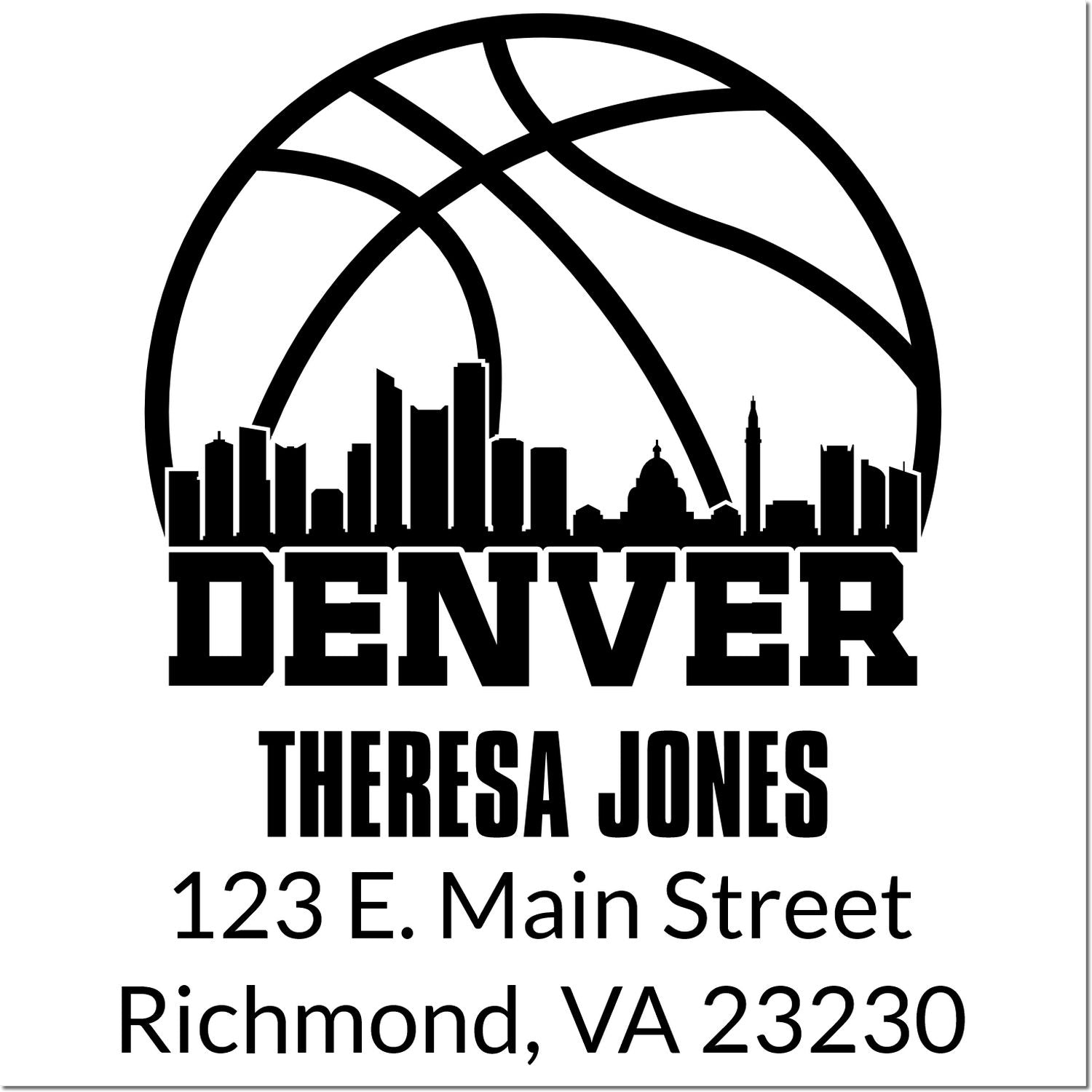 Custom Denver basketball address stamp for Theresa Jones, 123 E. Main Street, Richmond, VA 23230.
