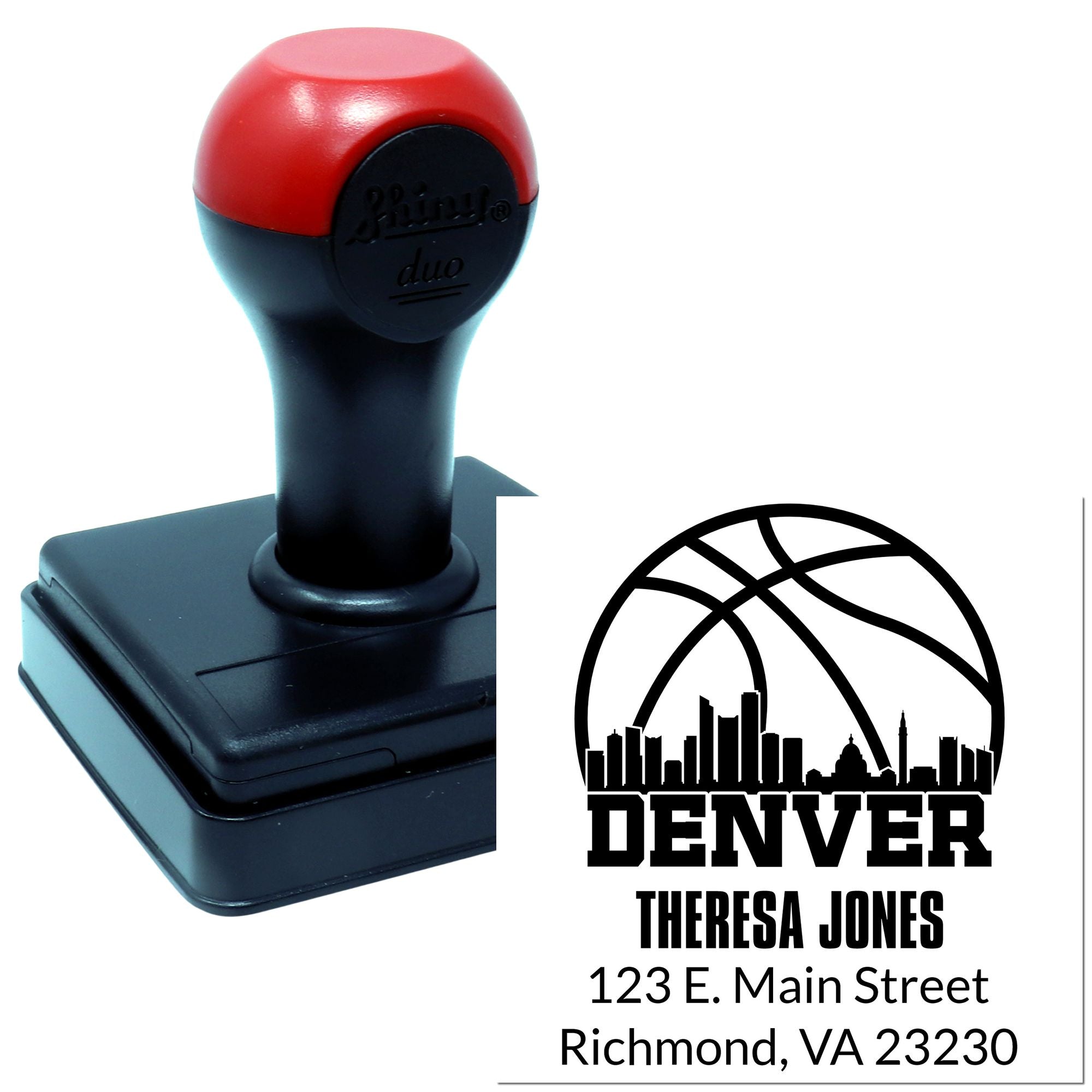 Custom self-inking rubber return address stamp with Denver basketball skyline design, Theresa Jones, Richmond, VA.