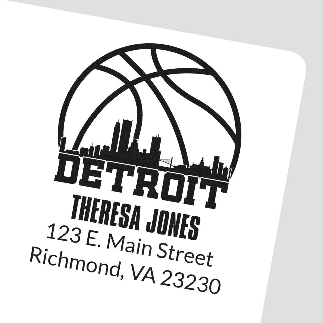 Custom Detroit basketball rubber stamp with Theresa Jones return address, Richmond, VA 23230