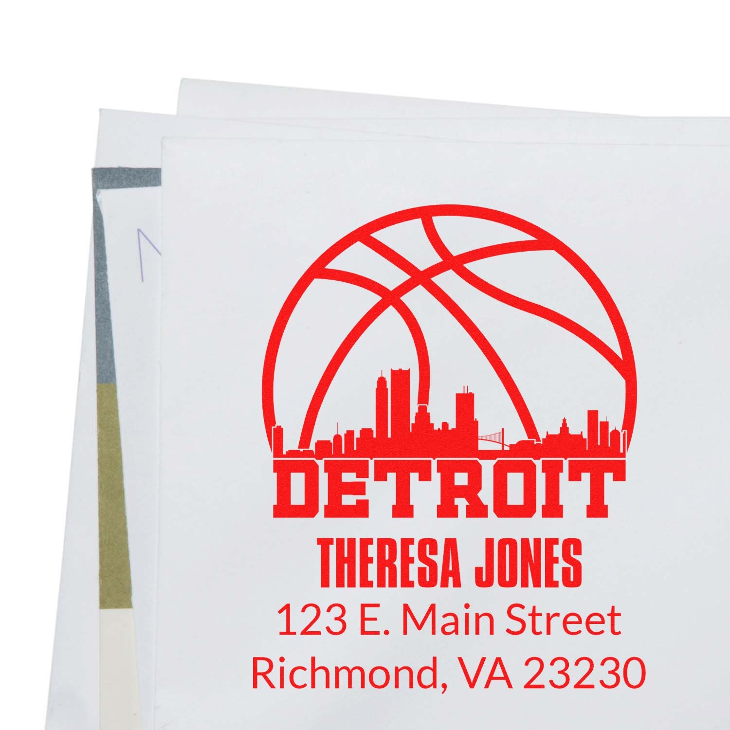 Personalized Detroit rubber stamp with basketball skyline logo, Theresa Jones, and Richmond, VA 23230 return address.