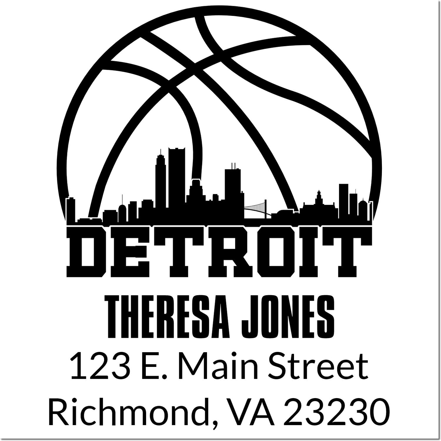 Detroit basketball skyline custom address rubber stamp for Theresa Jones, 123 E. Main Street, Richmond, VA 23230