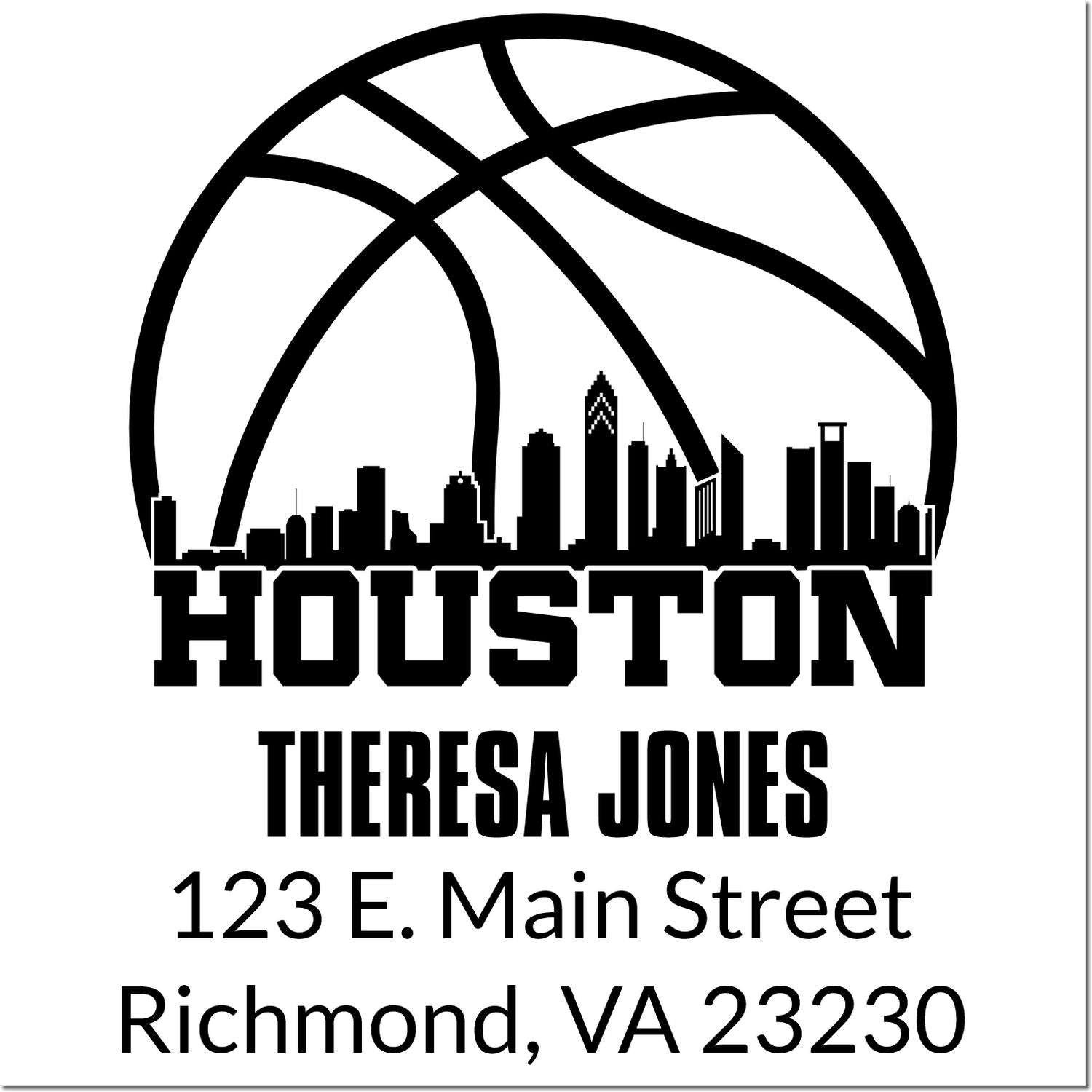 Personalized return address rubber stamp with Houston basketball skyline, Theresa Jones, and Richmond, VA 23230.