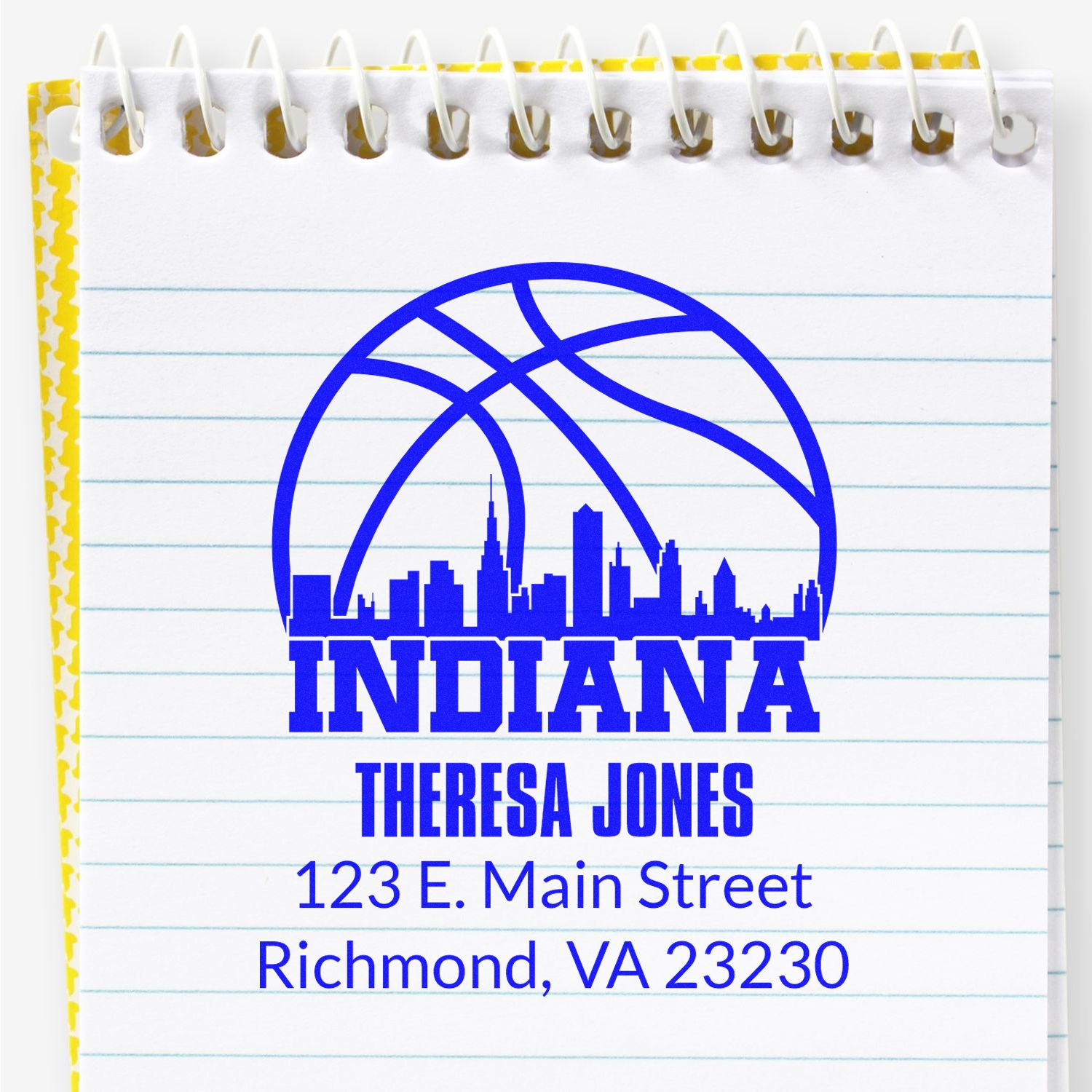 Custom Indiana return address rubber stamp with basketball skyline, name, and mailing address for personalized envelopes.