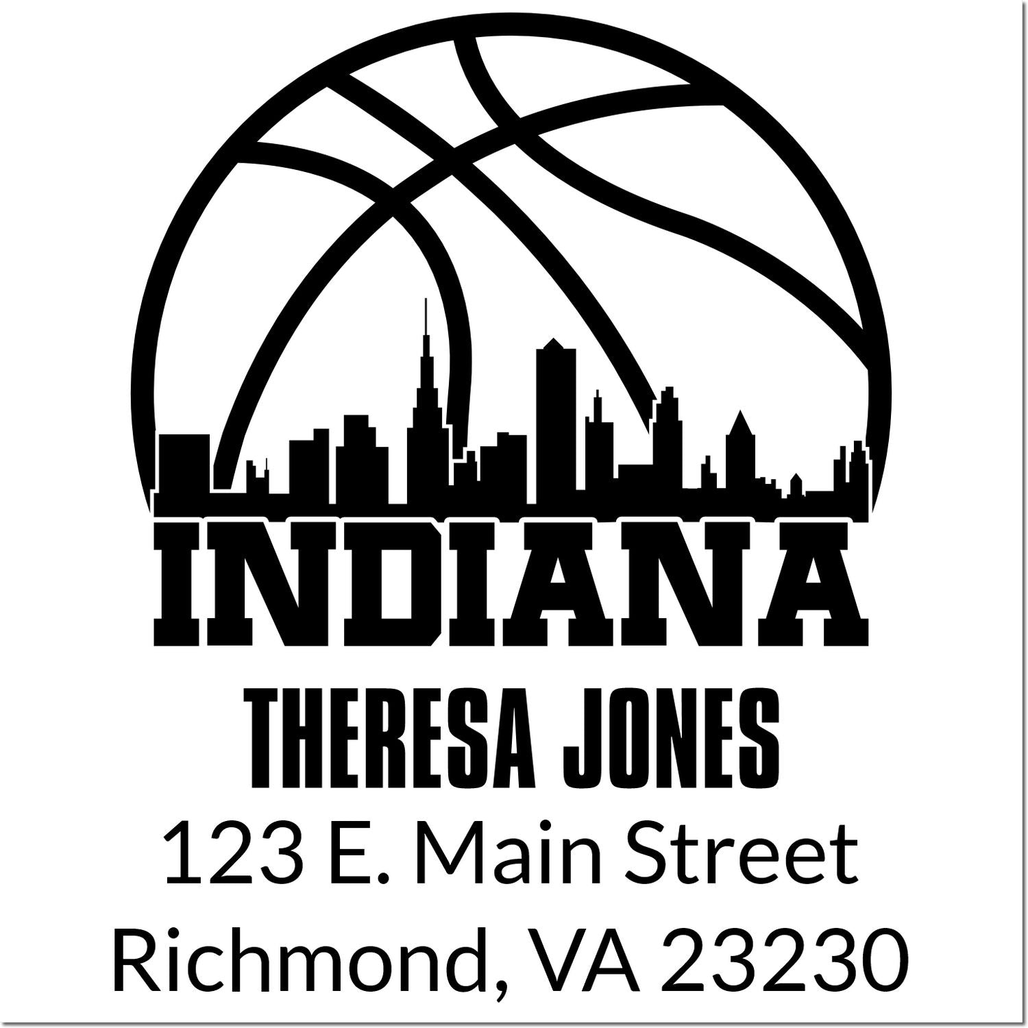 Custom Indiana basketball return address rubber stamp for Theresa Jones, 123 E. Main Street, Richmond, VA 23230.
