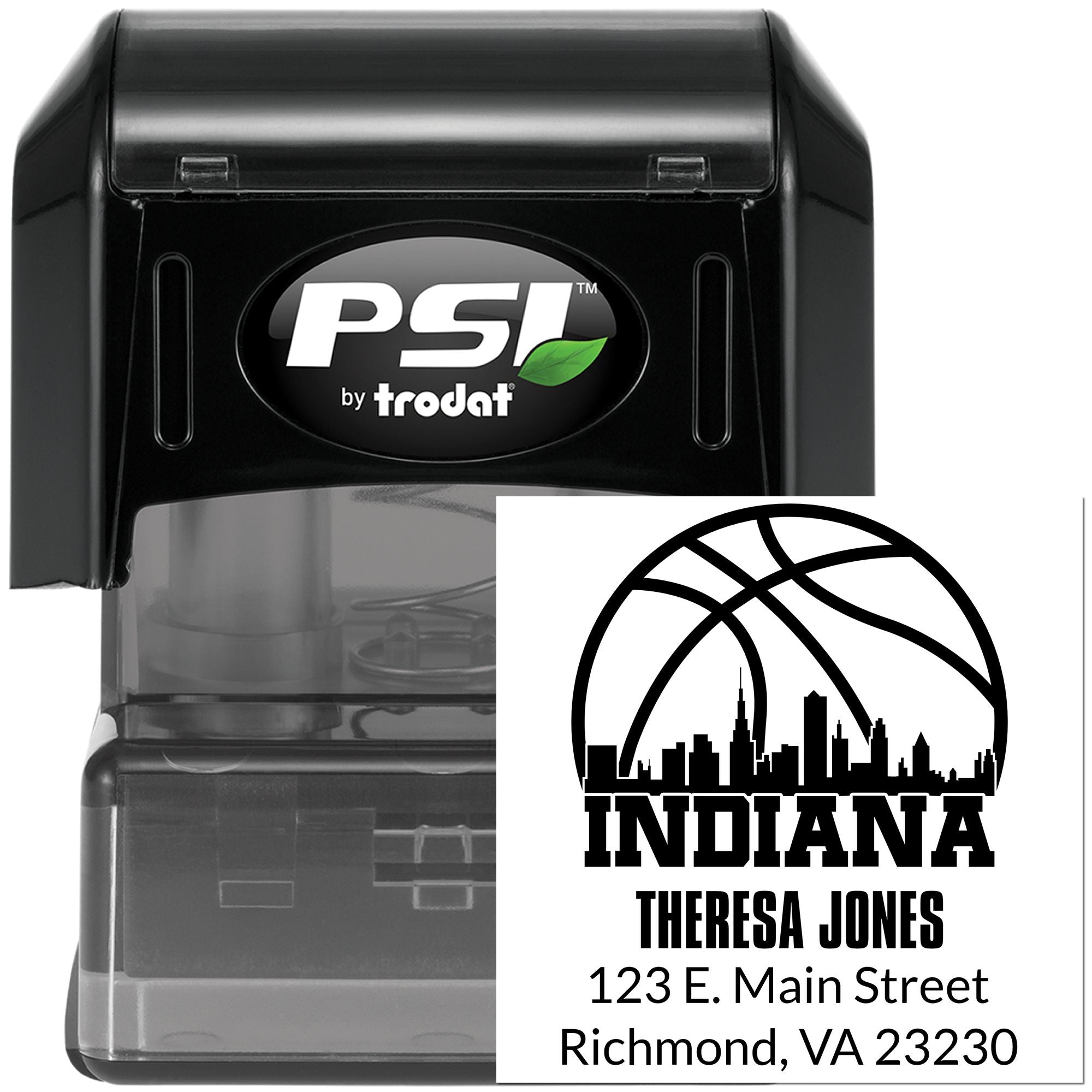 Custom self-inking rubber address stamp with Indiana basketball logo, Theresa Jones, and Richmond, VA return address.