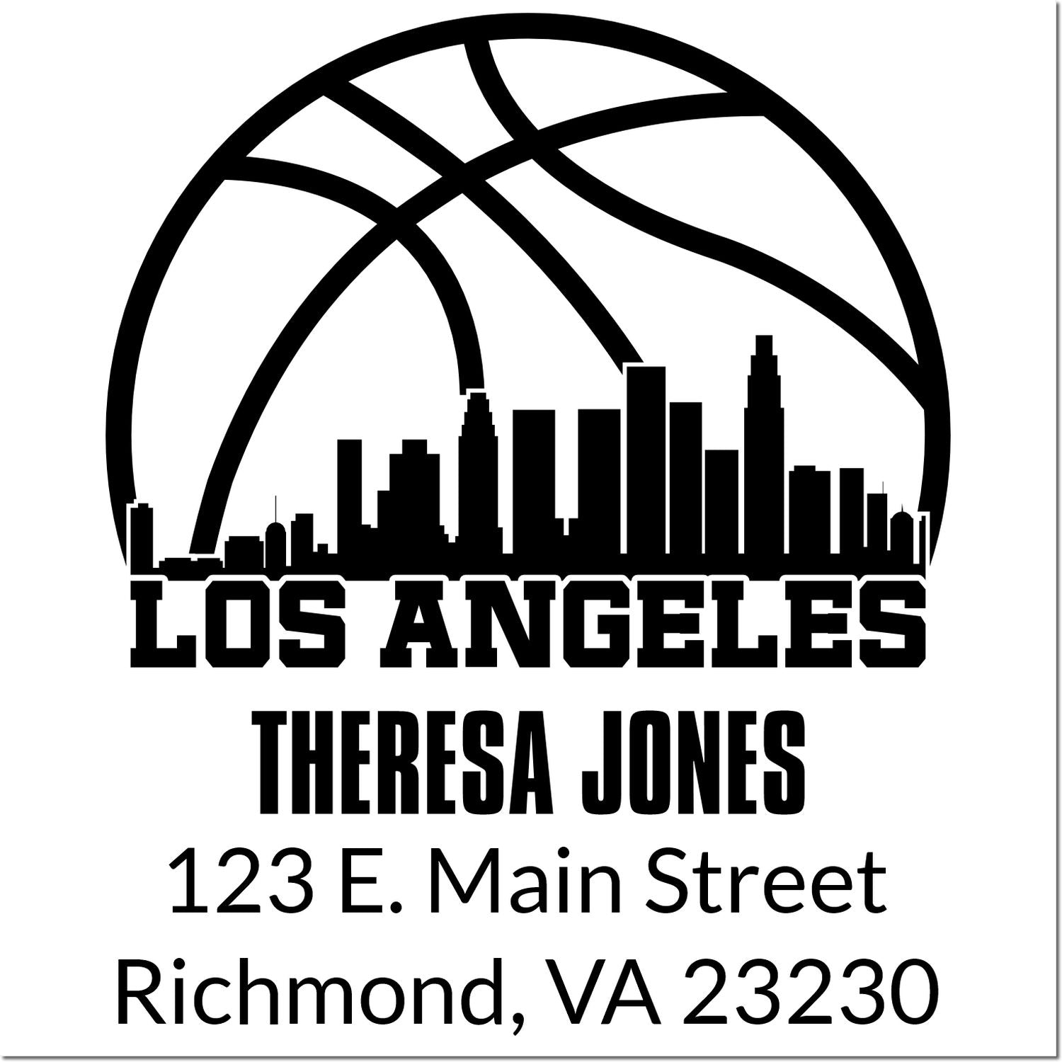 Custom Los Angeles basketball skyline personalized return address rubber stamp for Theresa Jones, 123 E. Main Street, Richmond, VA 23230.
