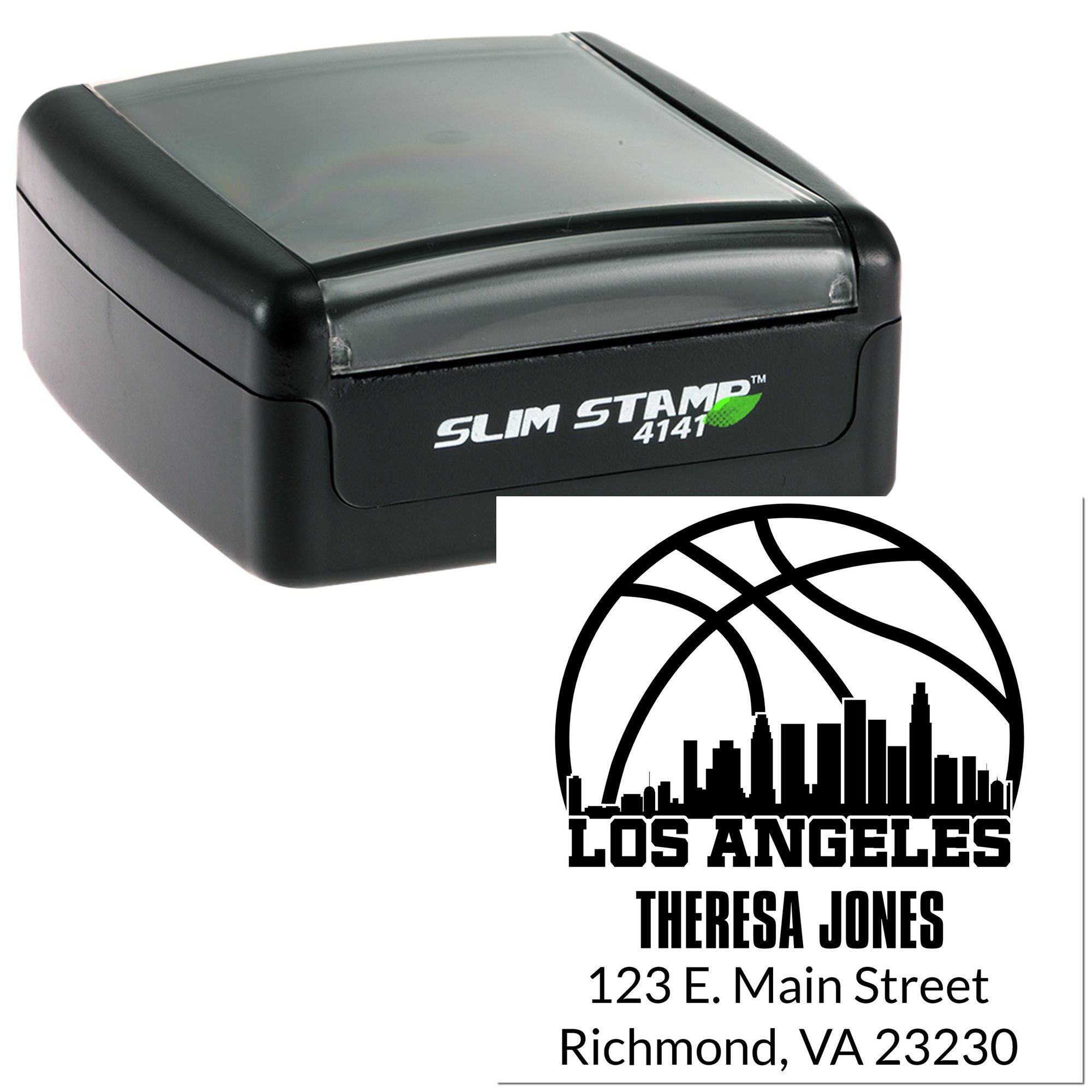 Custom self-inking rubber stamp for return address use, featuring Los Angeles design and Theresa Jones mailing details.