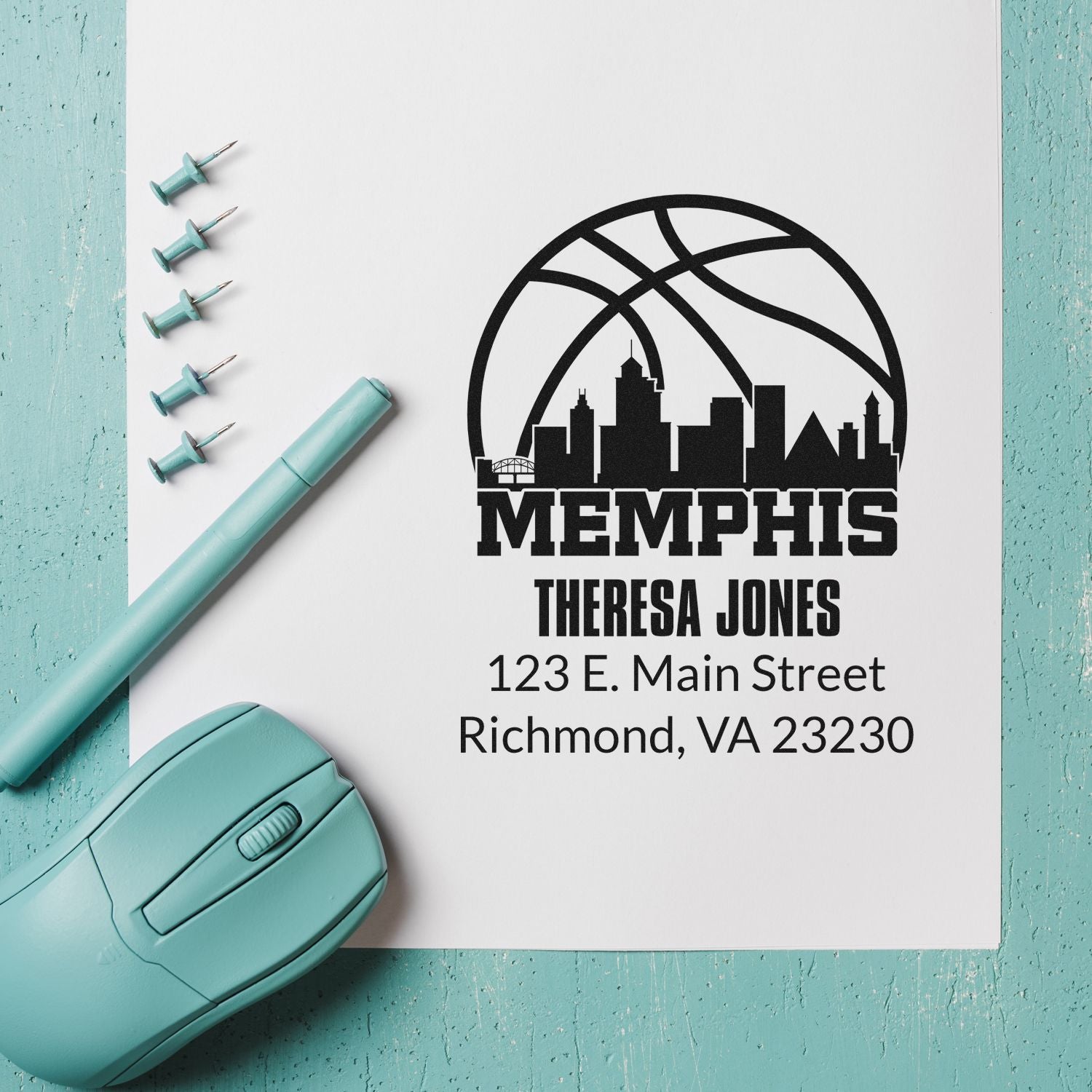 Custom rubber stamp design for Theresa Jones with Memphis logo and Richmond, VA address for business mailings.