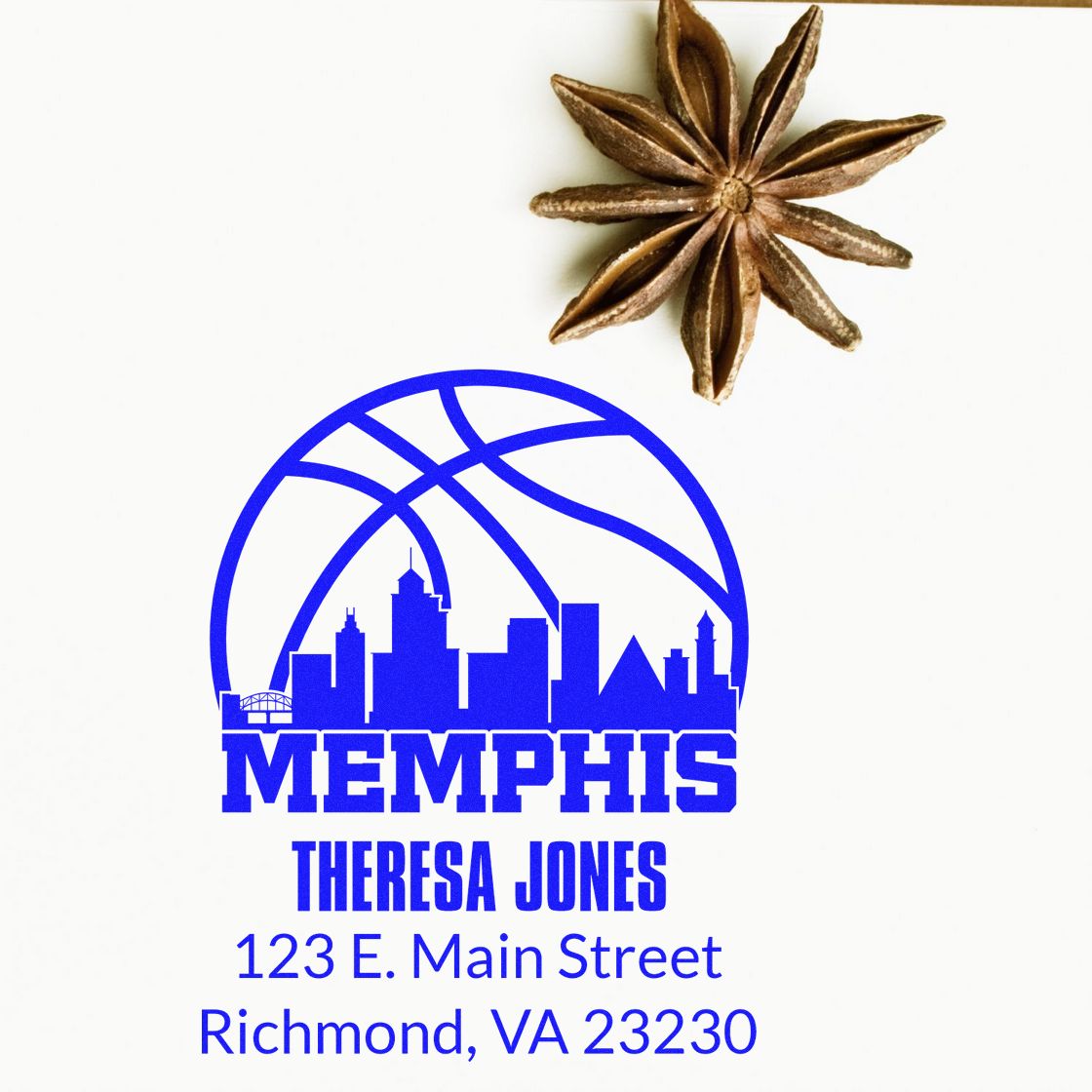 Memphis skyline custom return address rubber stamp for Theresa Jones, 123 E. Main Street, Richmond, VA 23230.