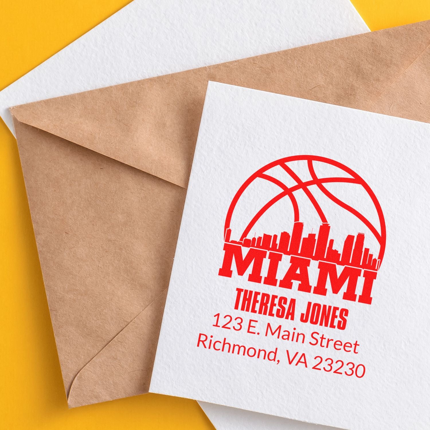 Custom Miami return address rubber stamp on envelope, featuring skyline design, Theresa Jones name, and Richmond, VA address.