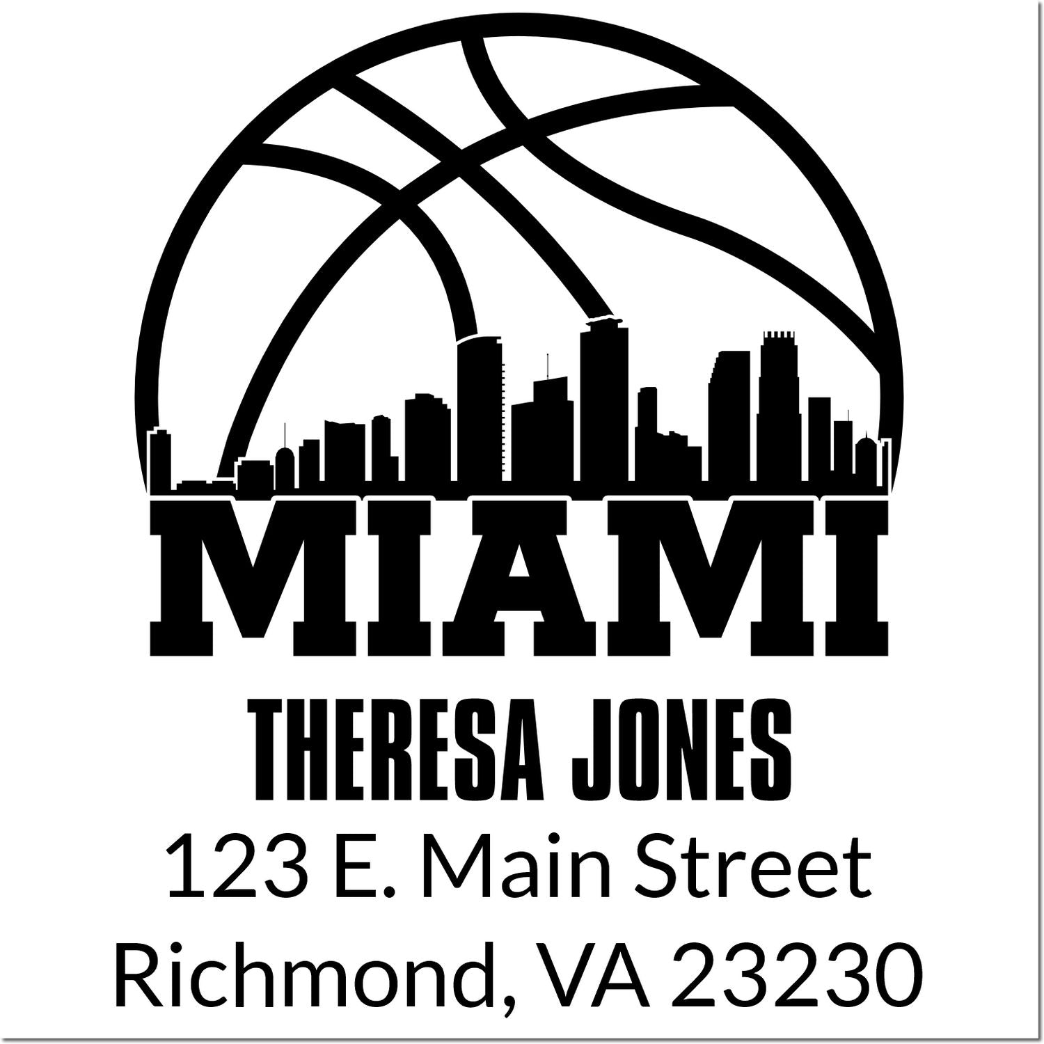 Custom Miami basketball address rubber stamp for Theresa Jones, 123 E. Main Street, Richmond, VA 23230.