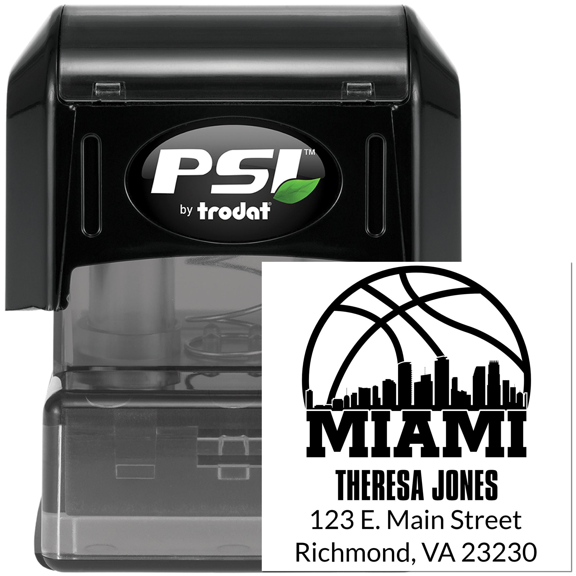 PSI by Trodat self-inking rubber stamp with custom Miami return address and city skyline design for business mailing.