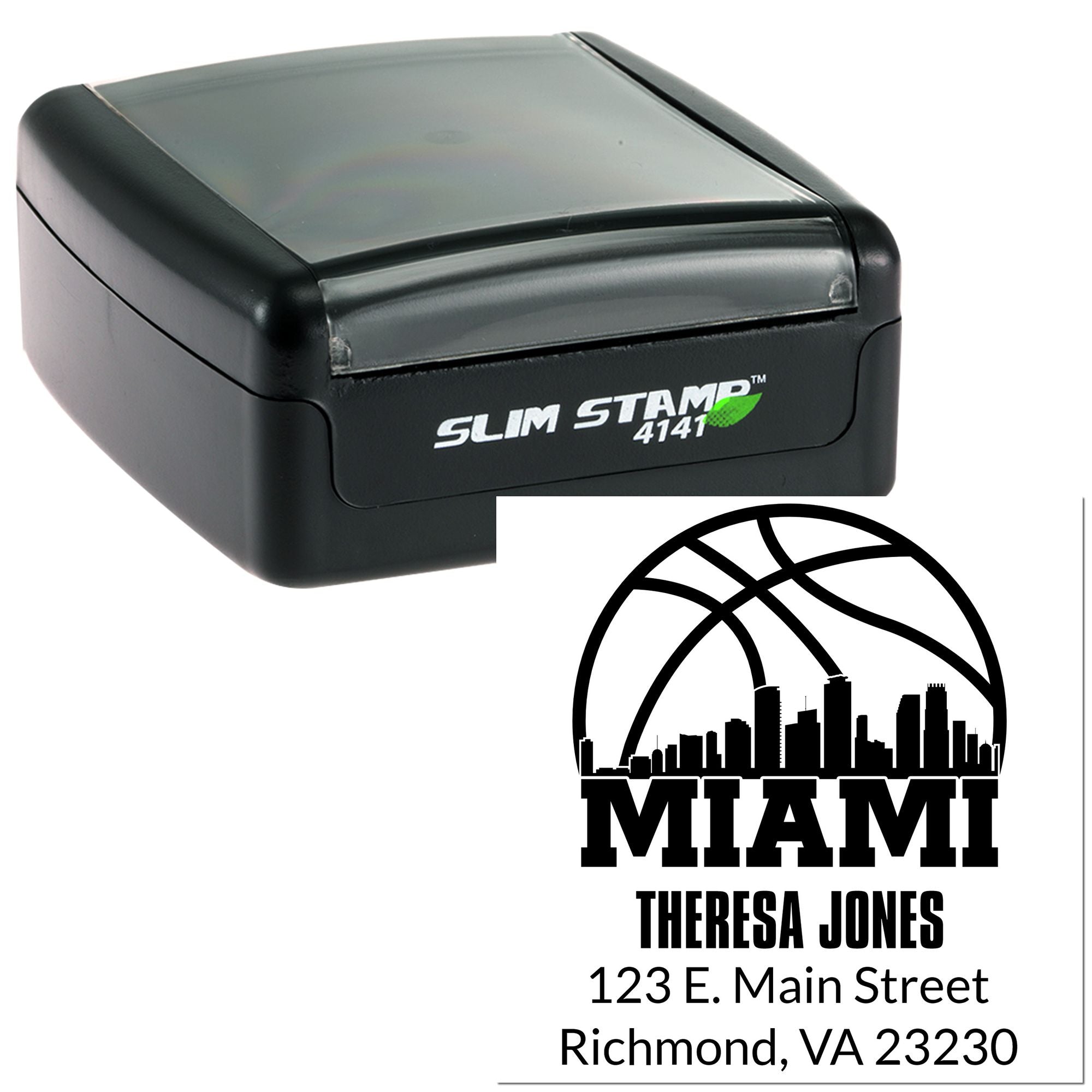 Custom self-inking rubber address stamp showing Miami design, Theresa Jones, and Richmond, VA return address imprint.