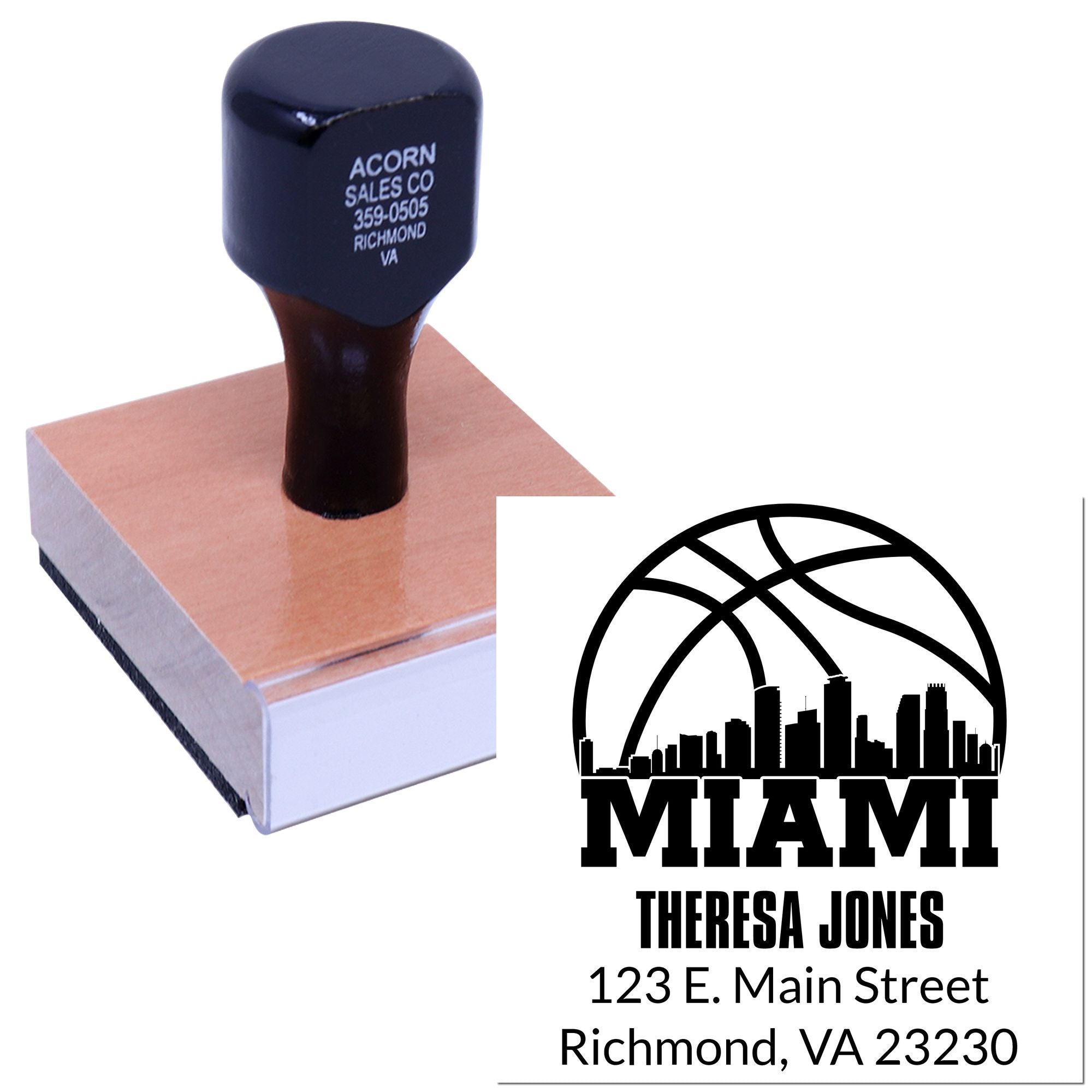 Custom rubber address stamp with Miami logo and Theresa Jones return address for packaging, mail, and business branding.