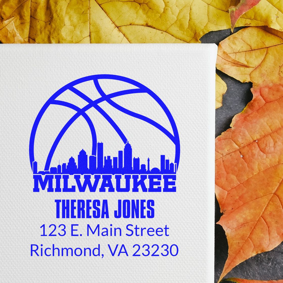 Personalized Milwaukee skyline basketball return address rubber stamp for Theresa Jones, Richmond, VA 23230.