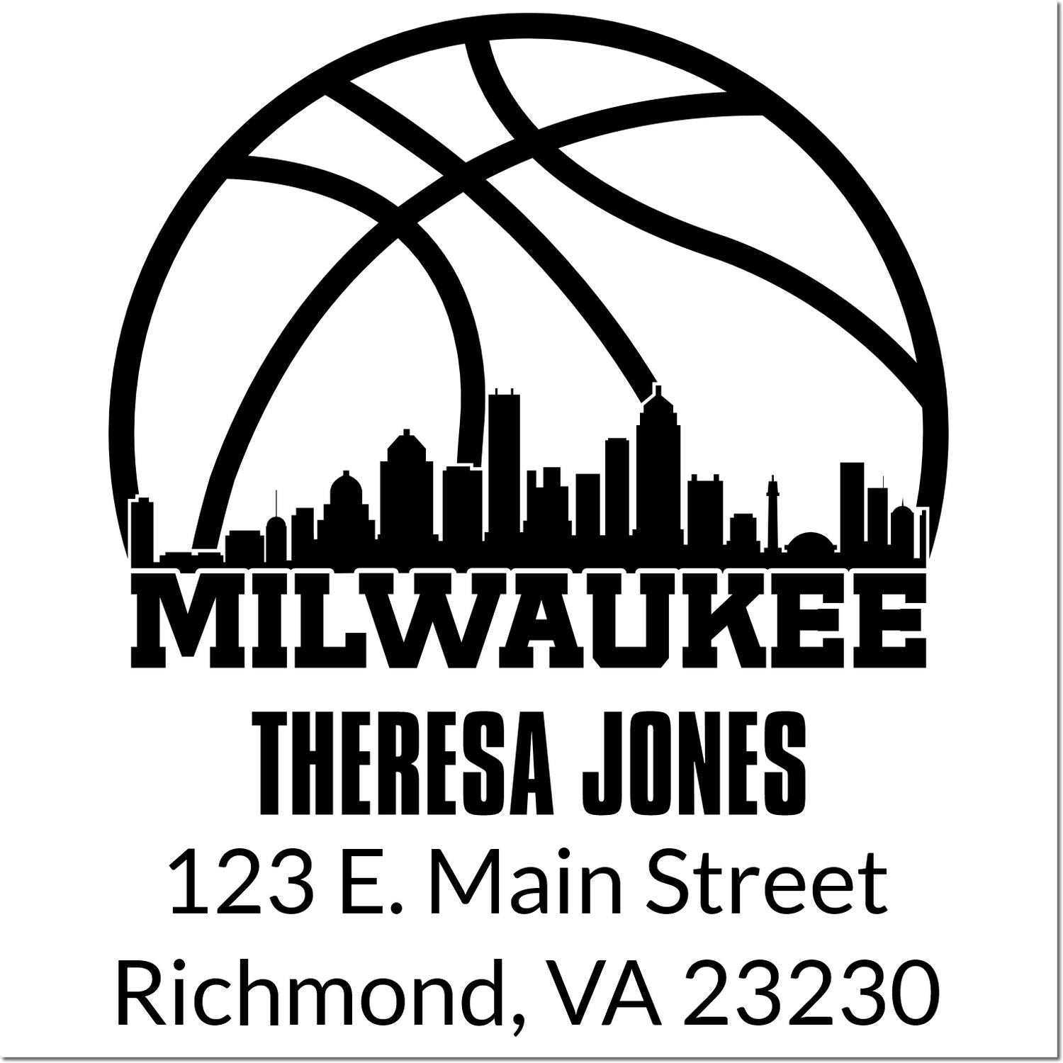 Custom basketball Milwaukee return address rubber stamp with skyline, Theresa Jones, 123 E. Main Street, Richmond, VA 23230.