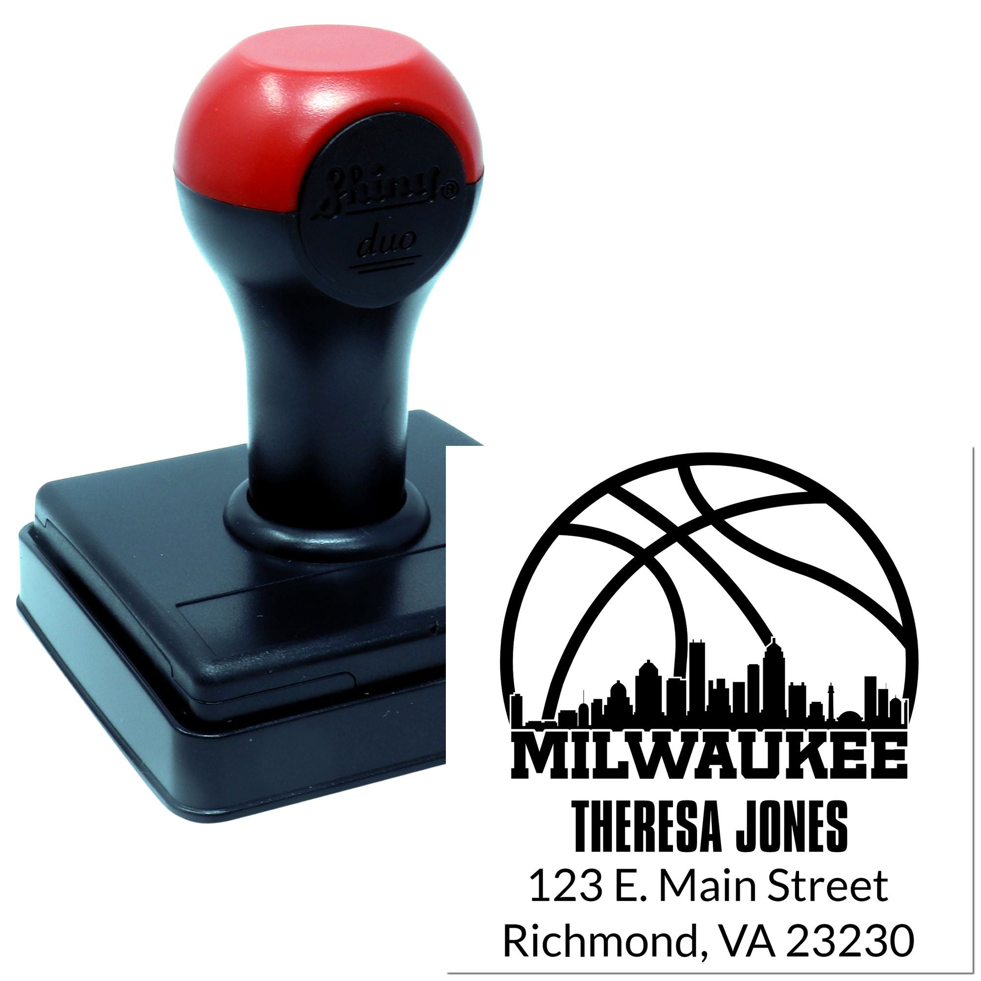 Custom self-inking rubber stamp with Milwaukee return address for Theresa Jones, 123 E. Main Street, Richmond, VA.
