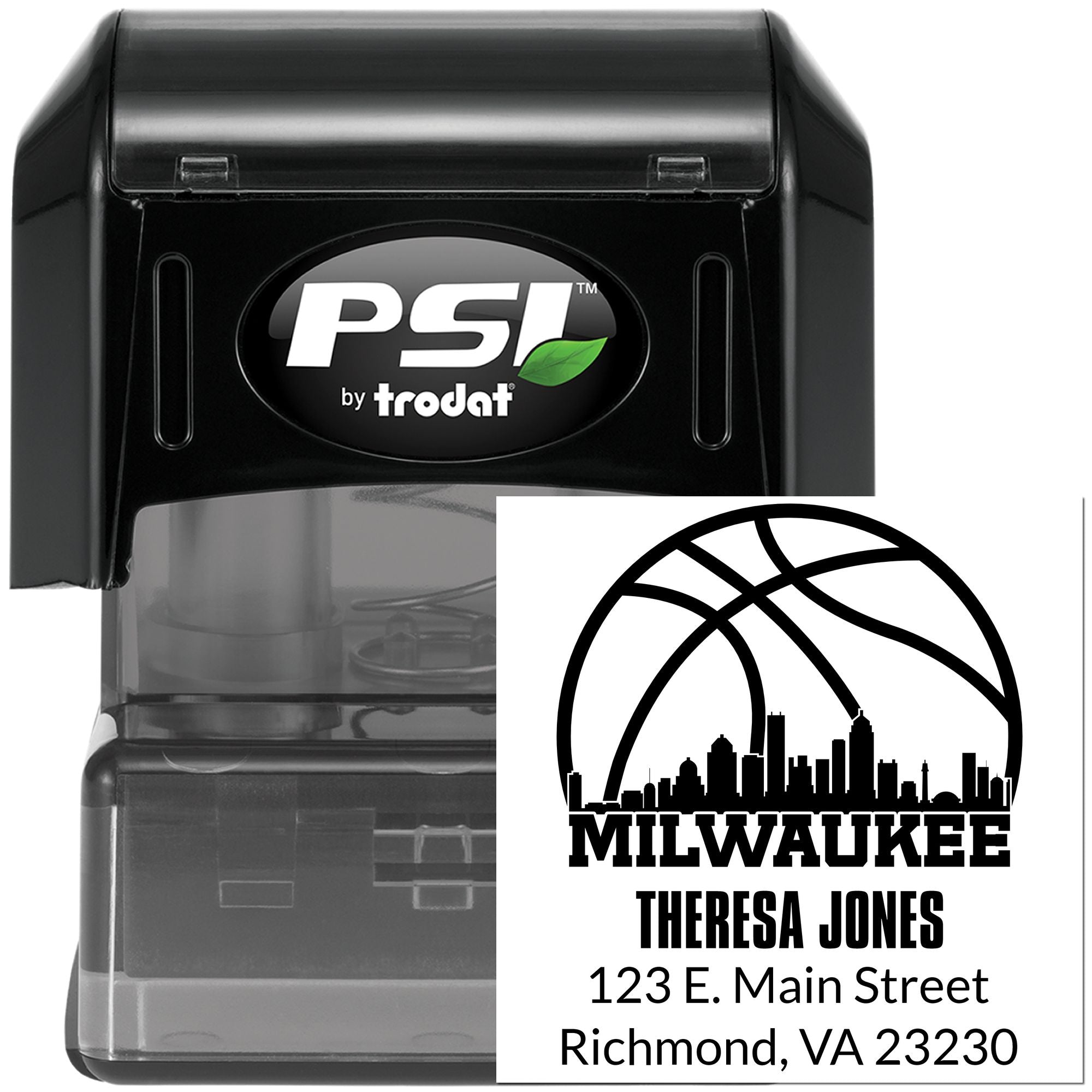Custom self-inking address rubber stamp by PSI Trodat featuring Milwaukee return address design
