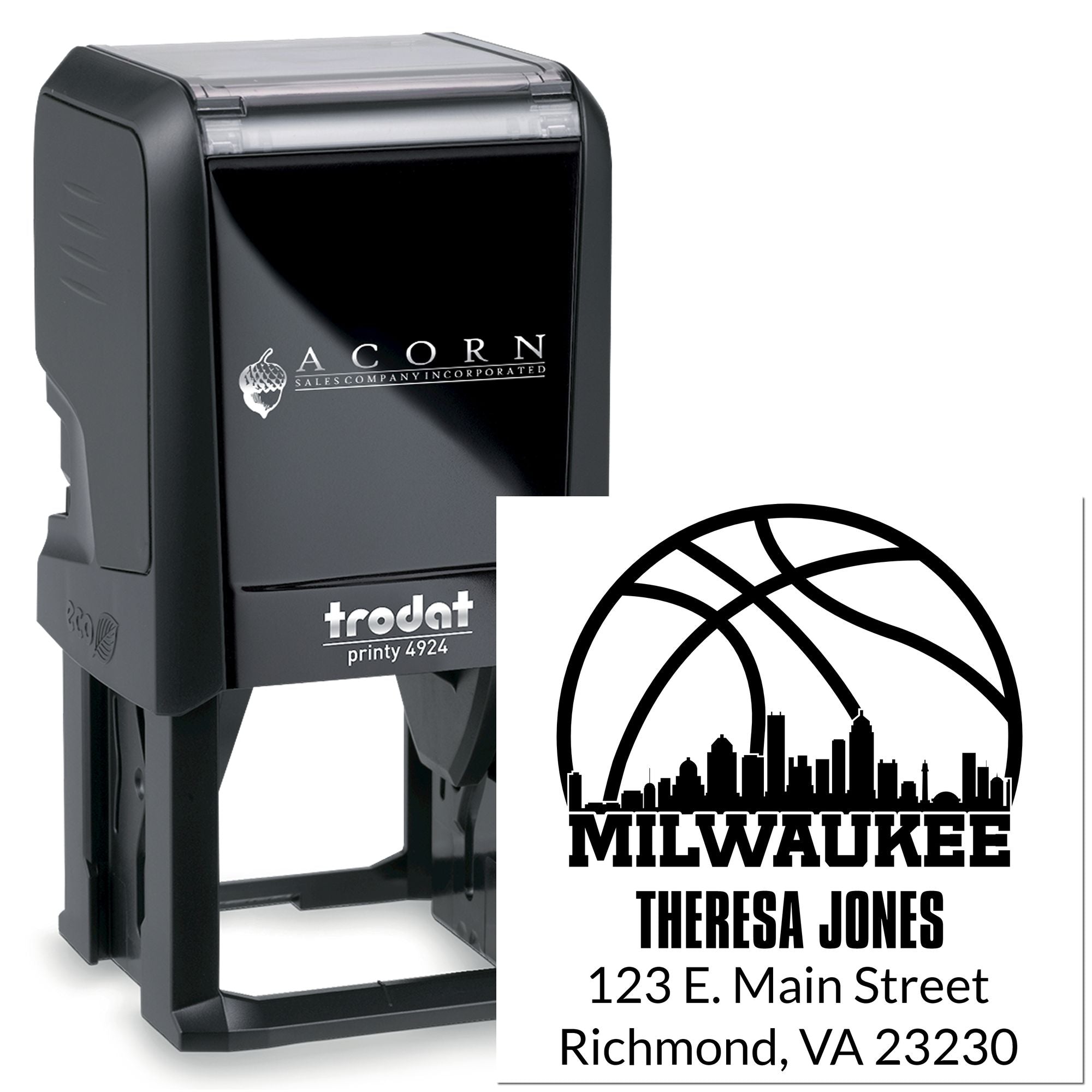 Custom self-inking rubber stamp with Milwaukee return address design, Trodat Printy 4924 address stamp.