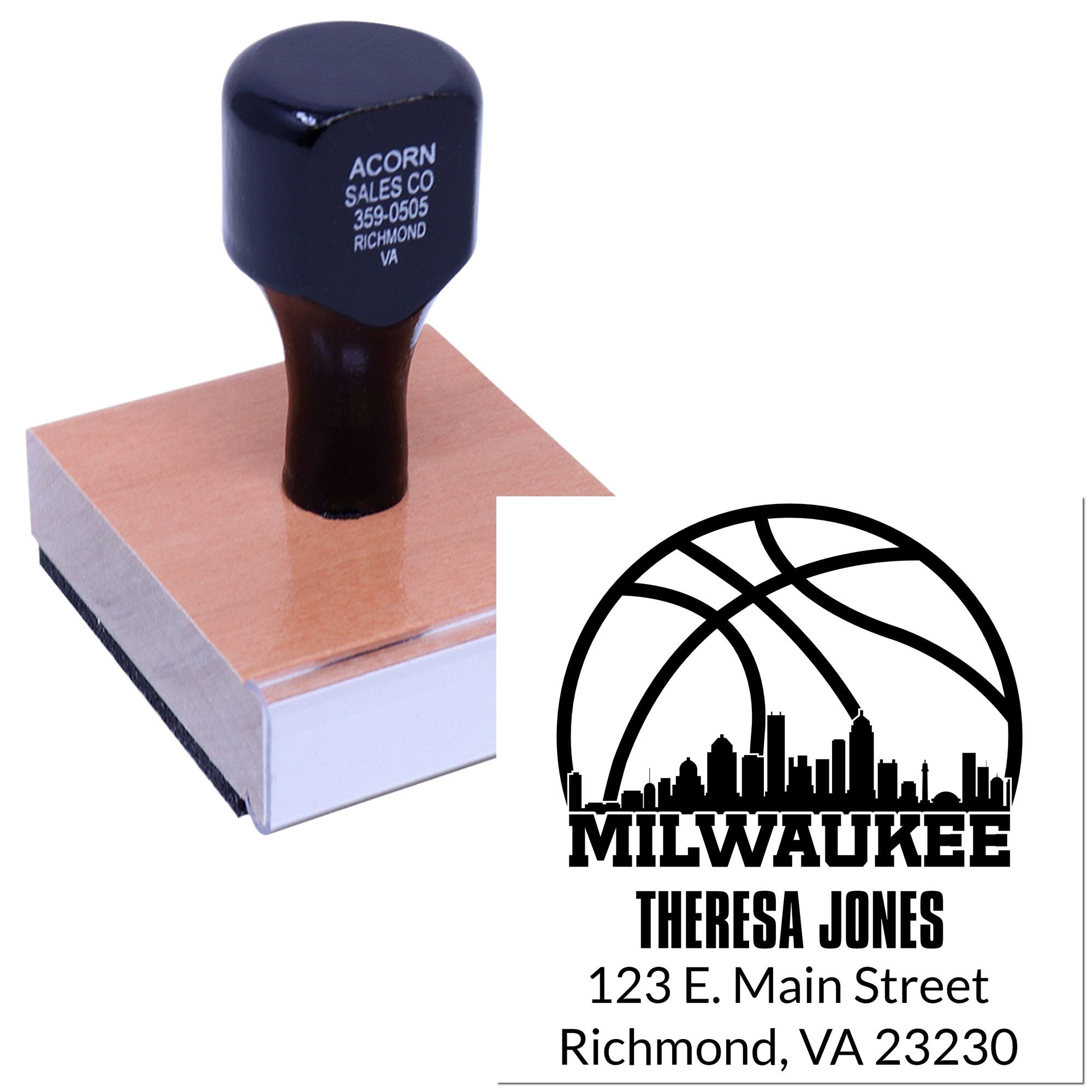 Personalized rubber stamp with Milwaukee business address logo for branding and return address use