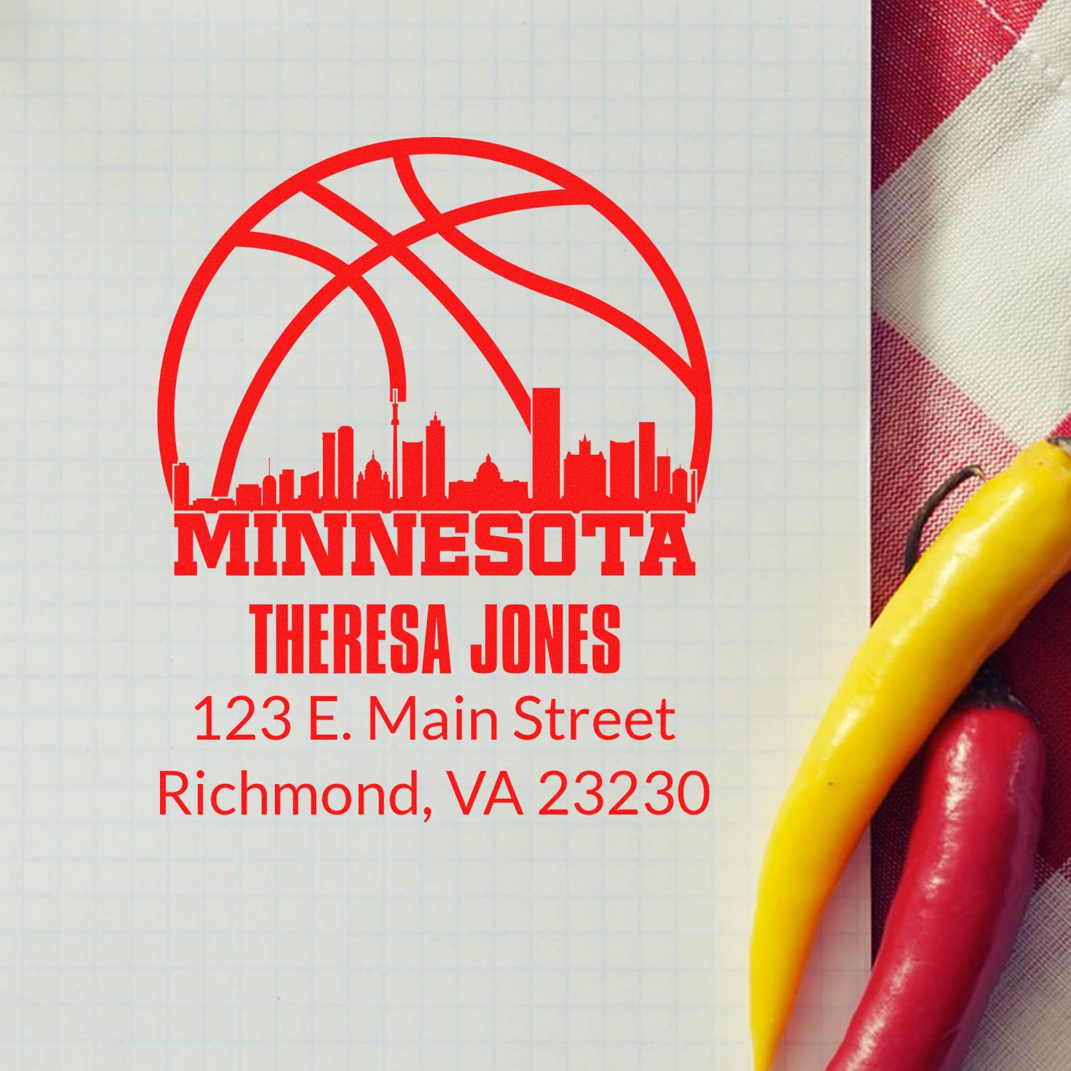 Custom Minnesota basketball skyline rubber stamp with Theresa Jones name and Richmond, VA address for mailing.