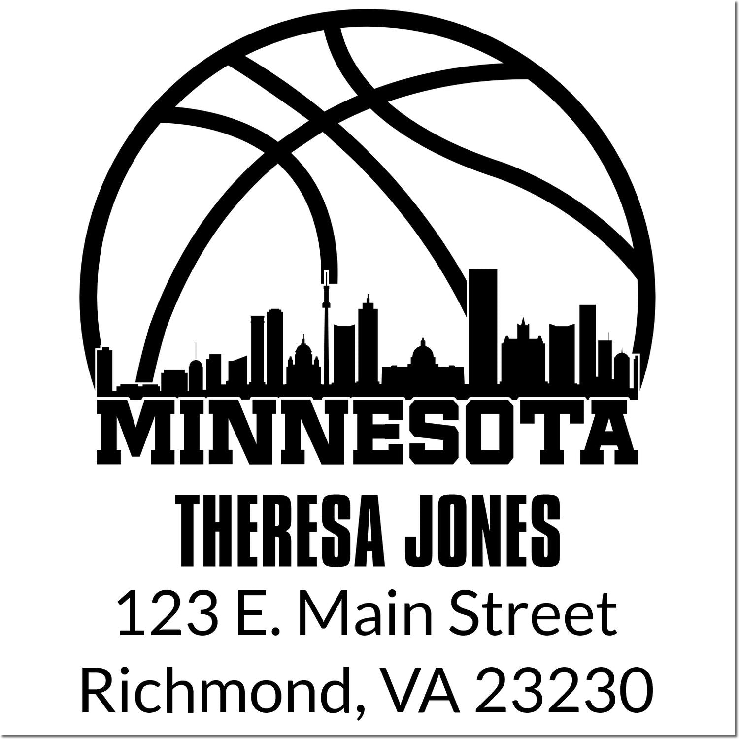 Custom Minnesota basketball skyline return address rubber stamp for Theresa Jones, 123 E. Main Street, Richmond, VA 23230