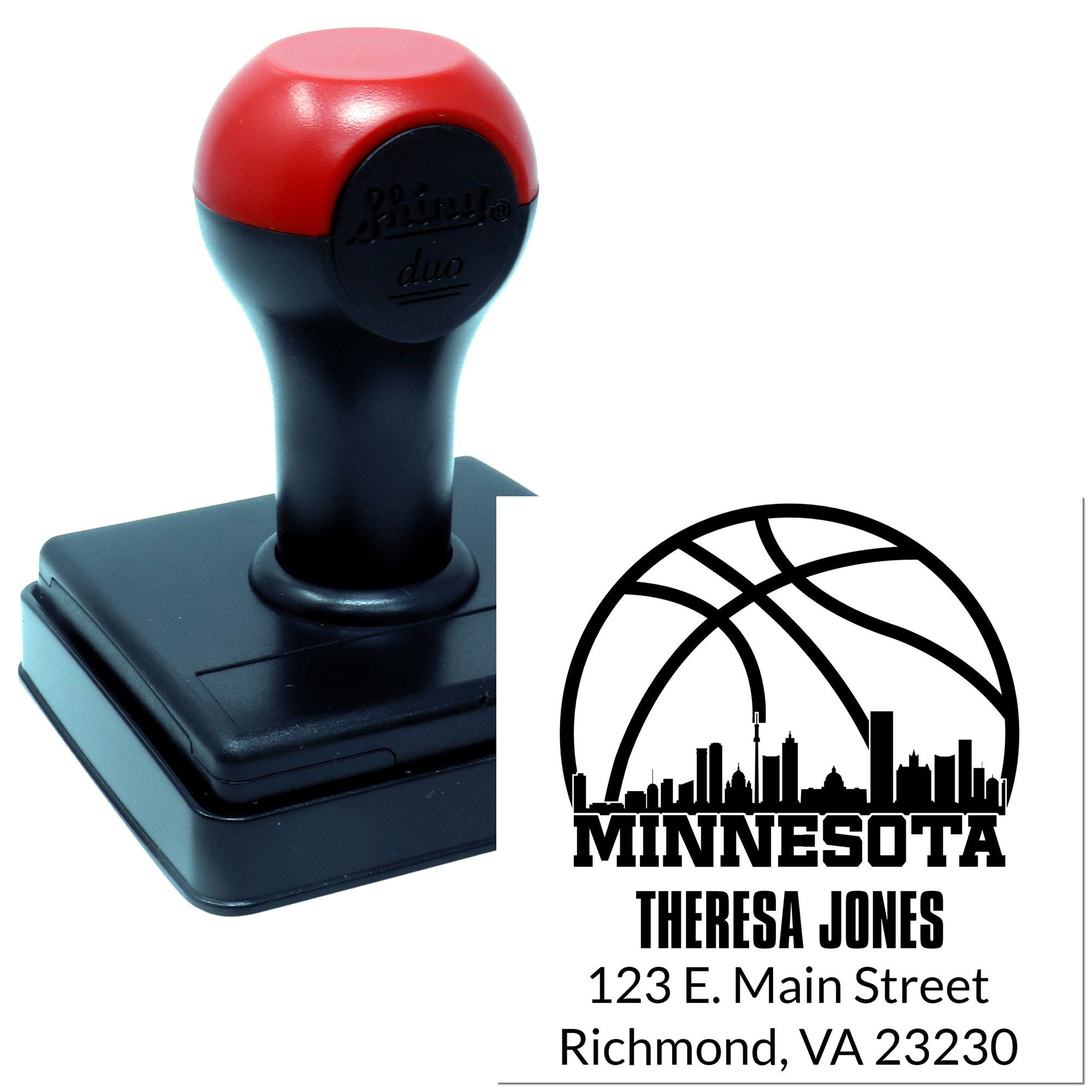 Personalized self-inking rubber address stamp with Minnesota skyline design for Theresa Jones, 123 E. Main Street, Richmond, VA 23230