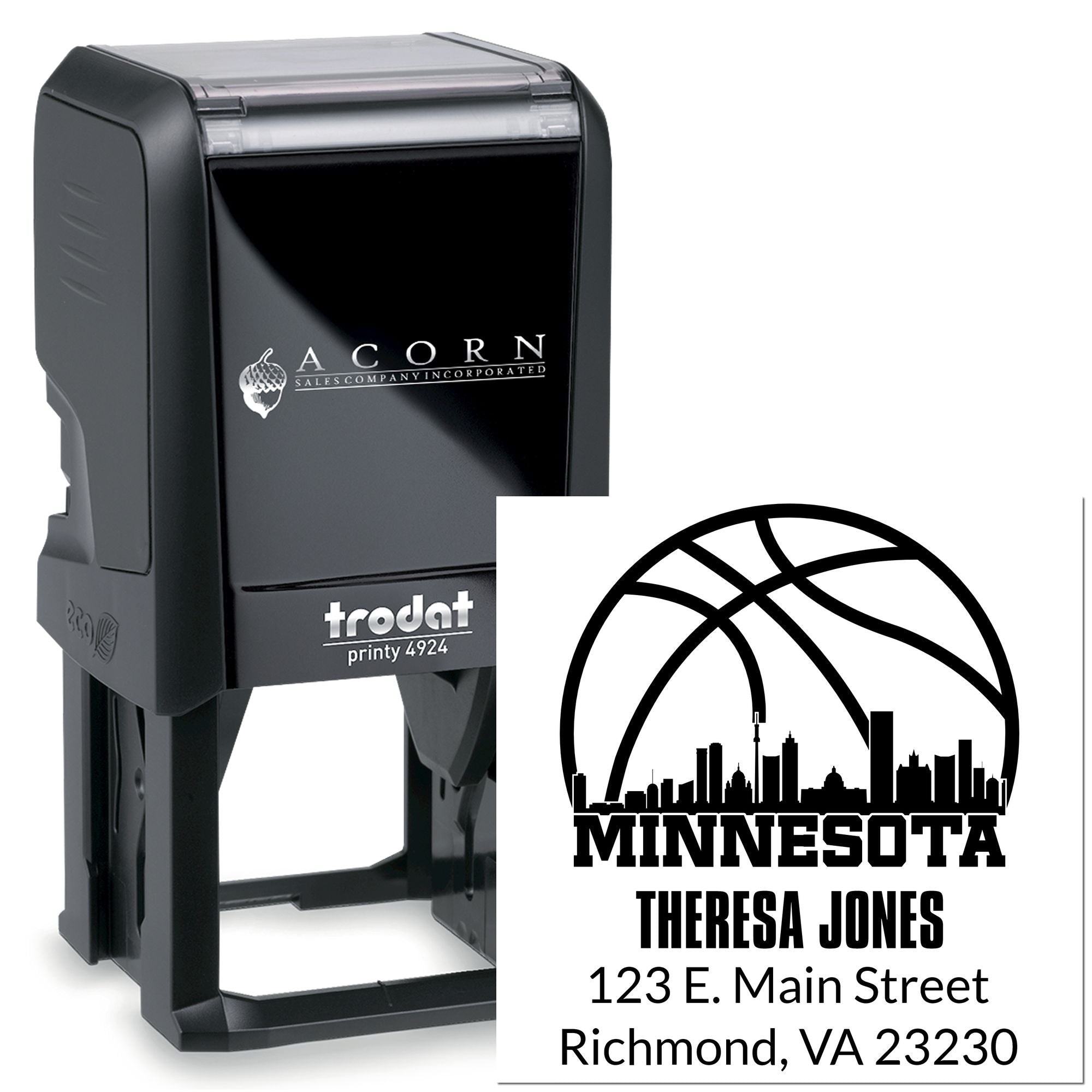 Trodat self-inking rubber stamp with custom Minnesota skyline, Theresa Jones name, and Richmond, VA address.