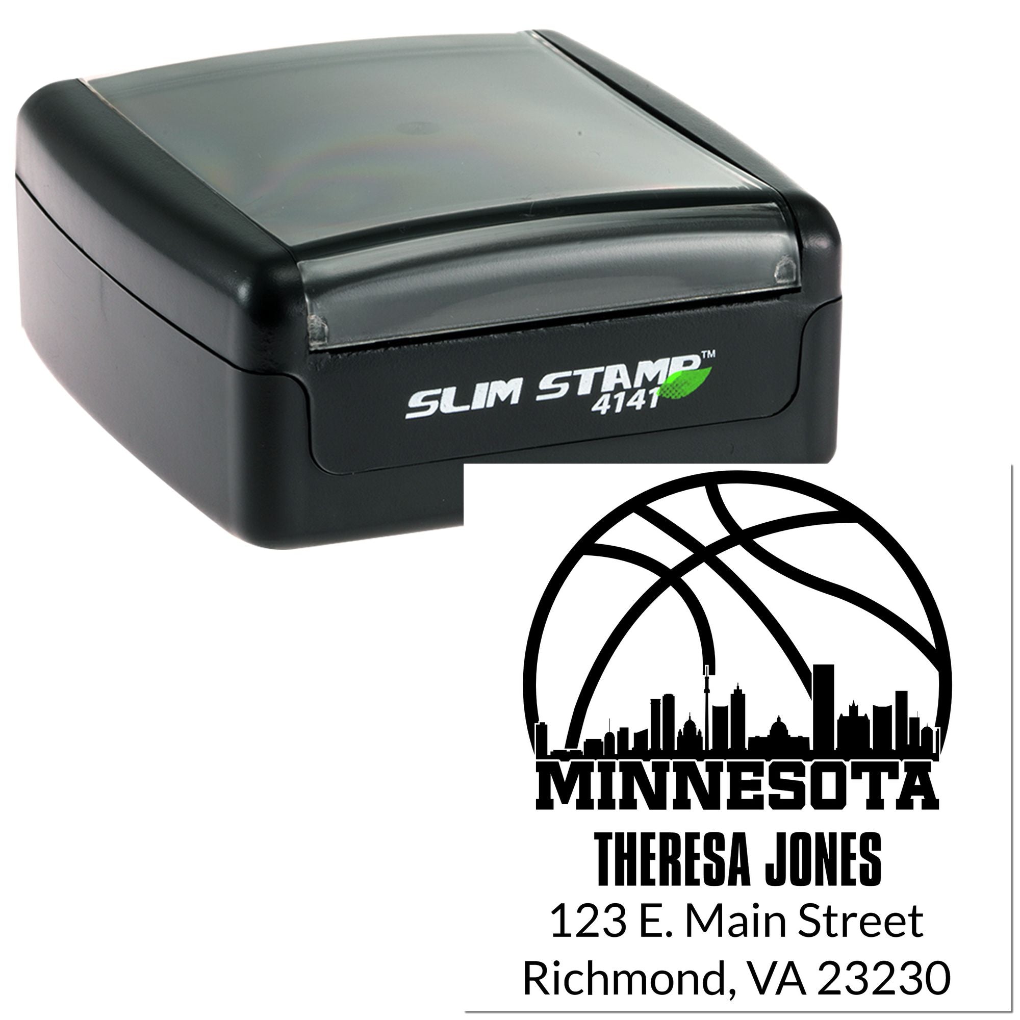 Custom self-inking rubber stamp with Minnesota skyline design and personalized name and address for professional mailing.