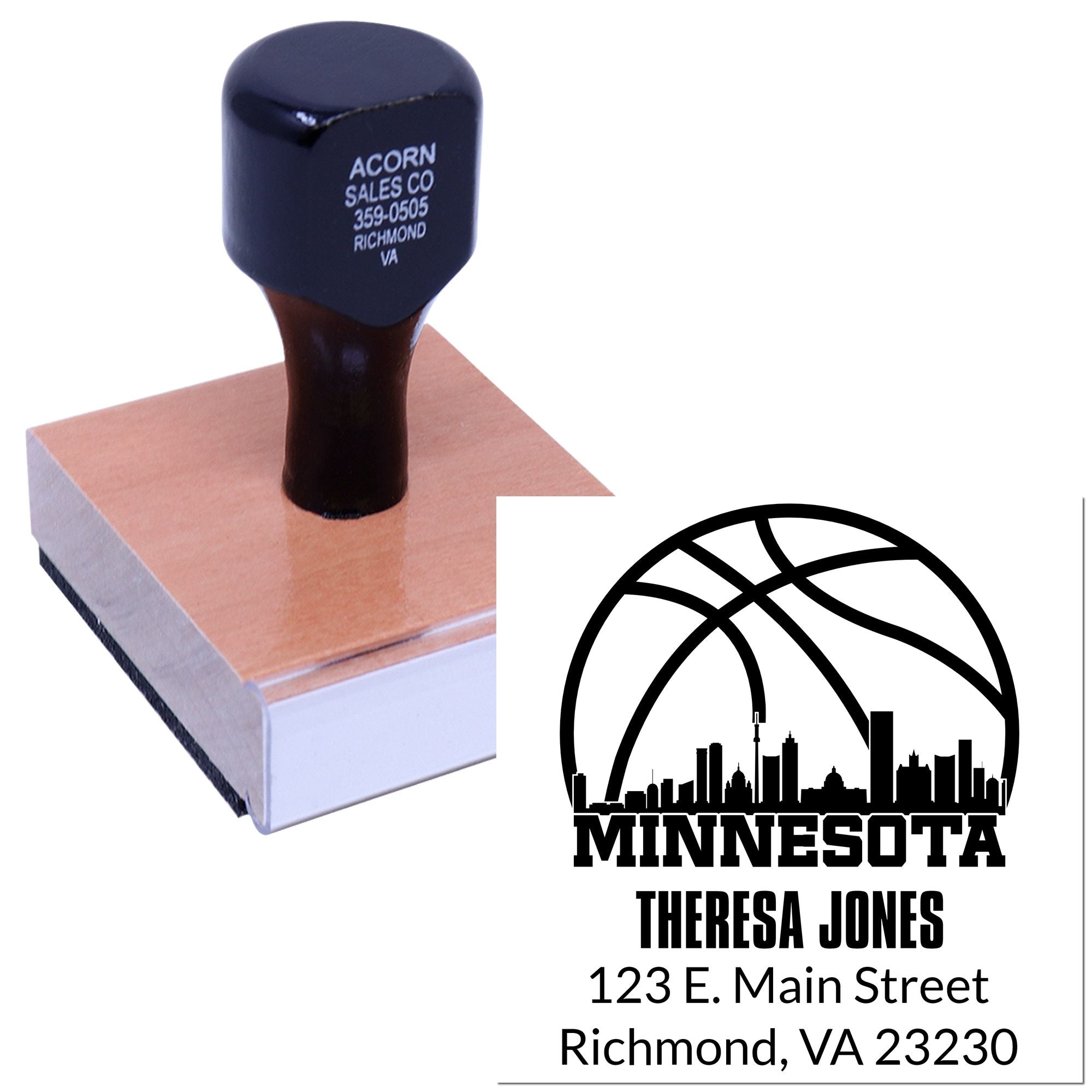 Custom business rubber stamp with logo, name, address and phone number for envelopes and branding.