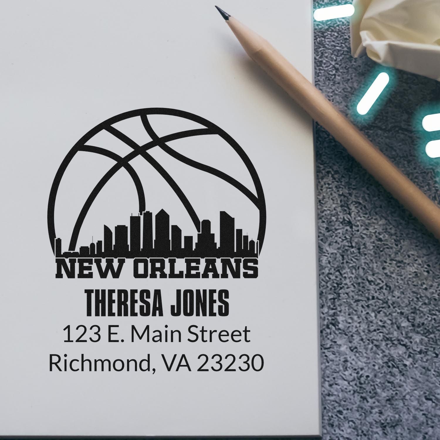 Personalized New Orleans basketball return address rubber stamp for Theresa Jones, Richmond, VA 23230