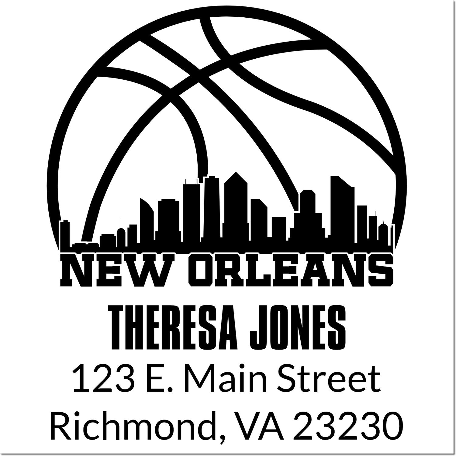 Custom basketball return address rubber stamp with New Orleans skyline, Theresa Jones, and Richmond, VA 23230.