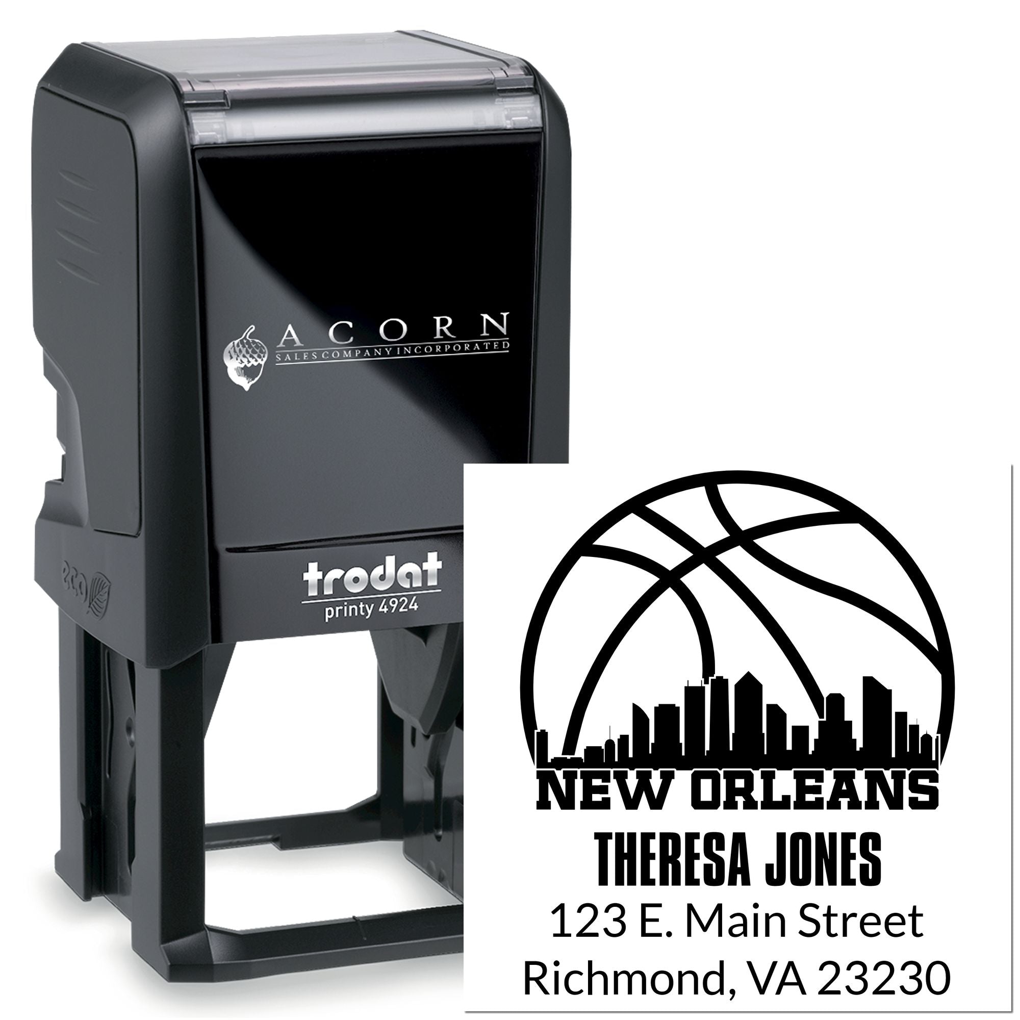 Trodat self-inking custom rubber address stamp with New Orleans skyline logo and Theresa Jones mailing address.