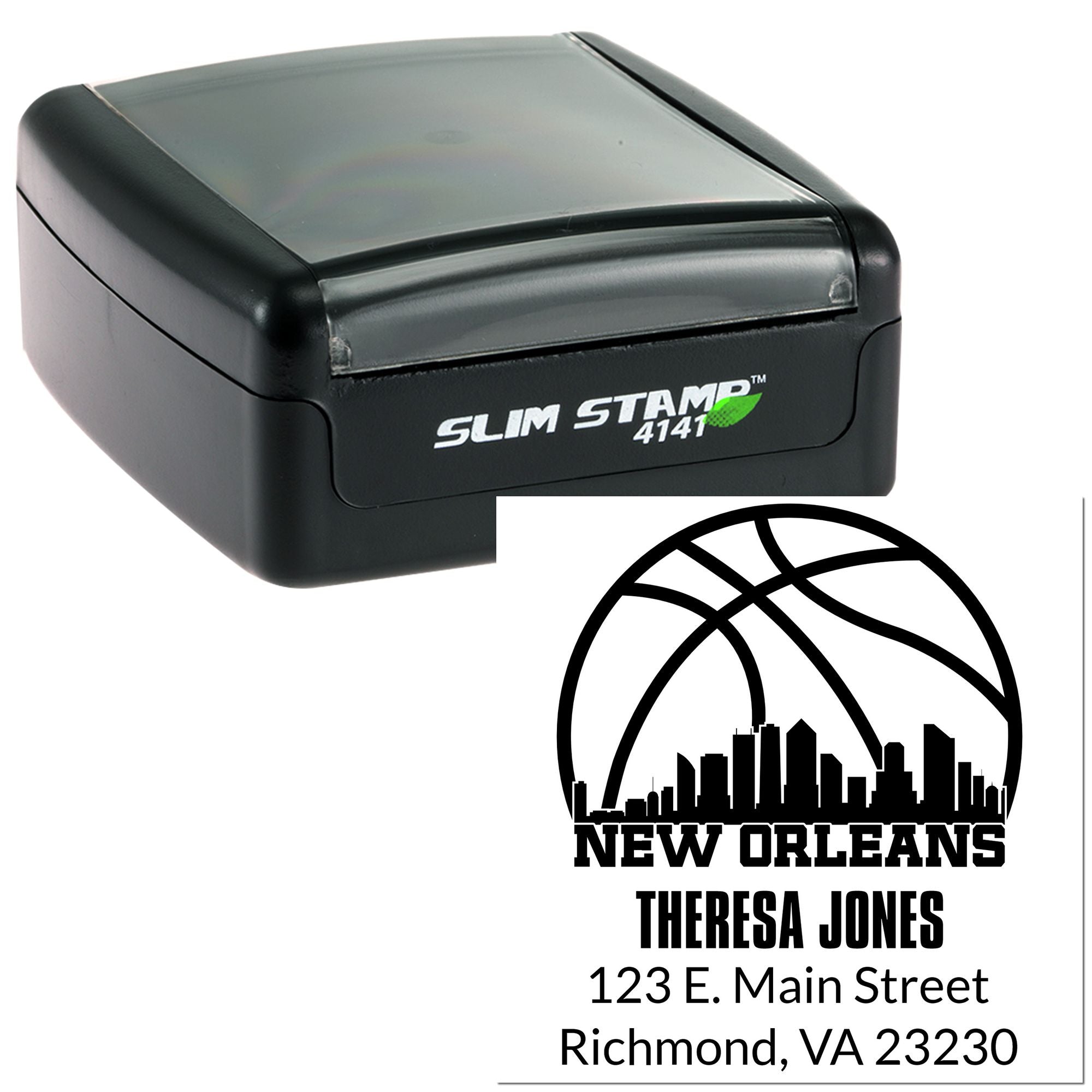 Personalized self-inking rubber address stamp with New Orleans skyline, Theresa Jones name, and Richmond, VA mailing address.