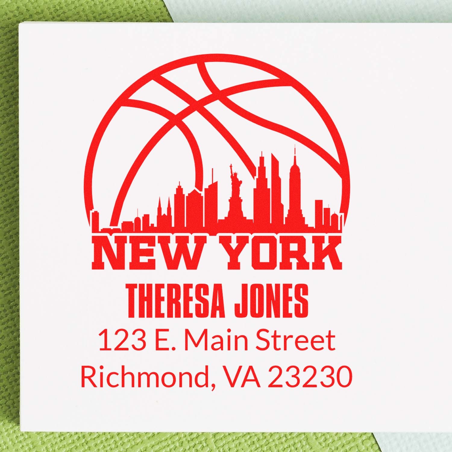 Personalized New York basketball skyline return address rubber stamp for Theresa Jones, Richmond, VA 23230.