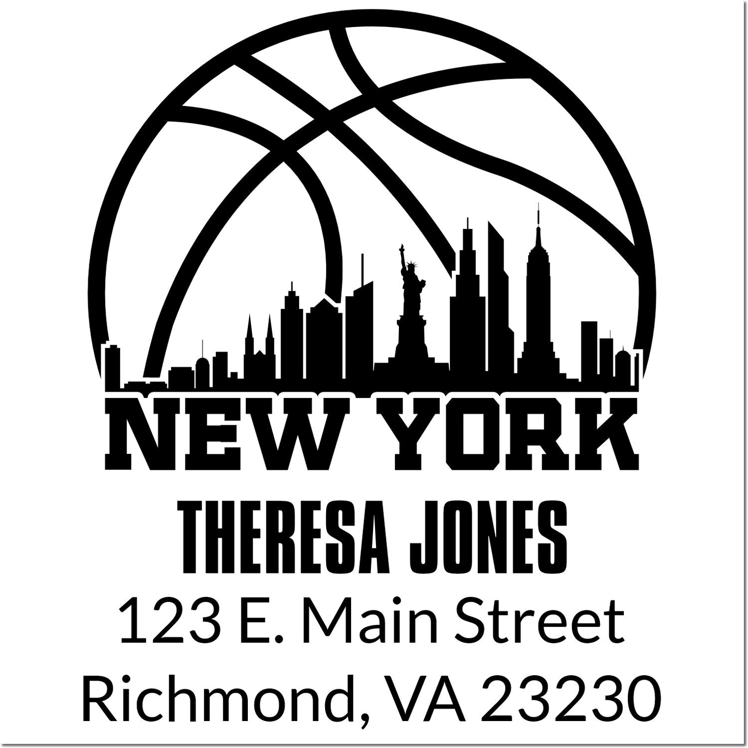 Custom New York basketball return address rubber stamp for Theresa Jones, 123 E. Main Street, Richmond, VA 23230.