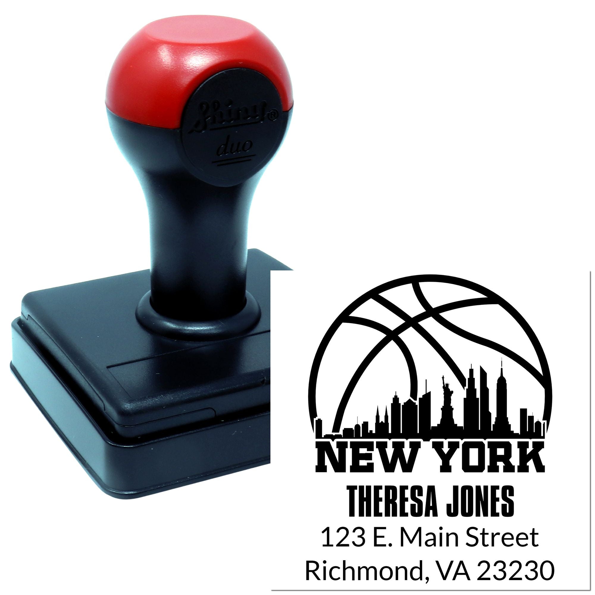 Custom self-inking rubber stamp for personalized New York logo address imprint with name and street details