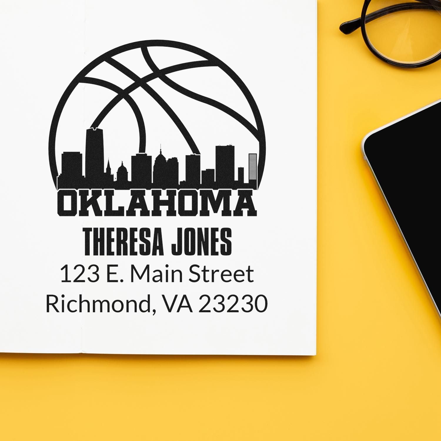 Custom Oklahoma basketball skyline return address rubber stamp for Theresa Jones, Richmond, VA.