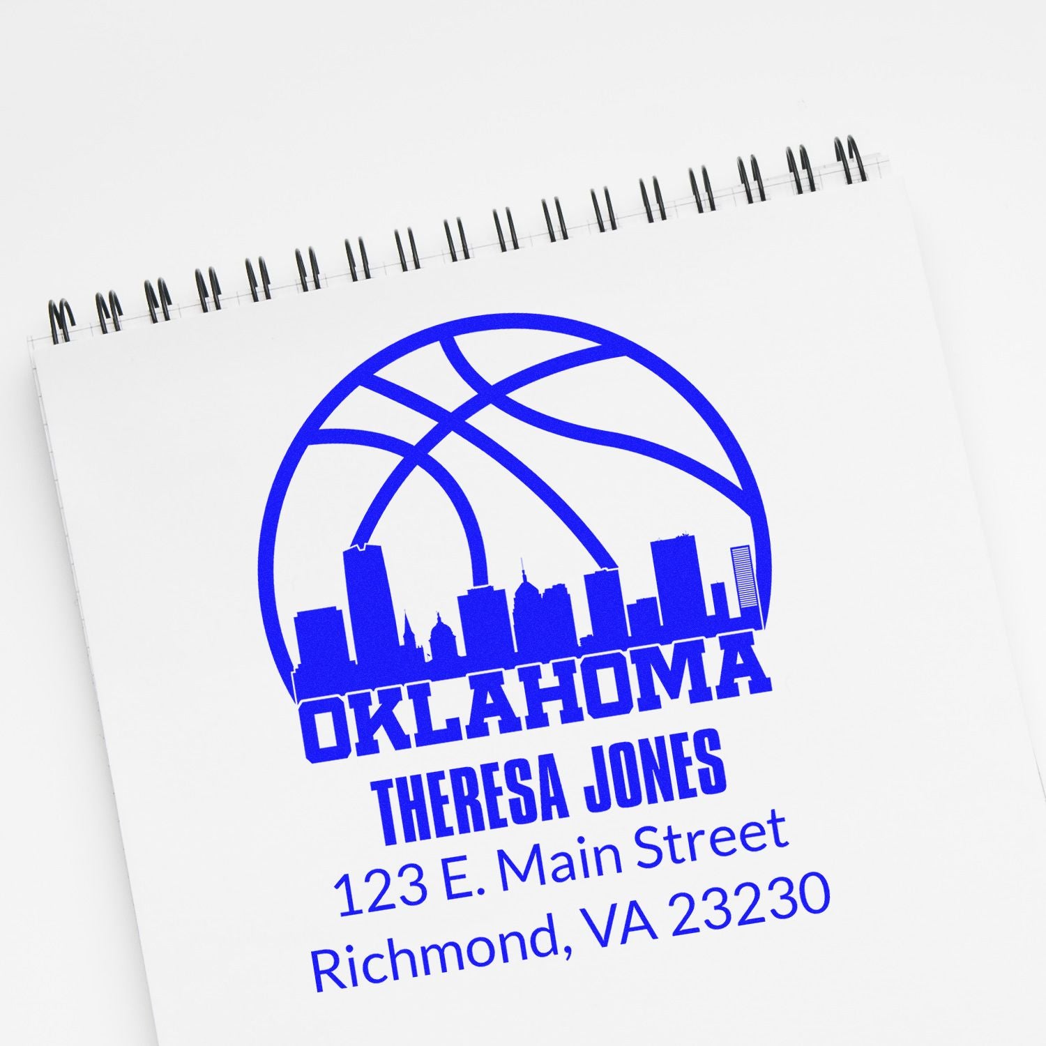 Custom Oklahoma basketball return address rubber stamp for Theresa Jones, 123 E. Main Street, Richmond, VA 23230