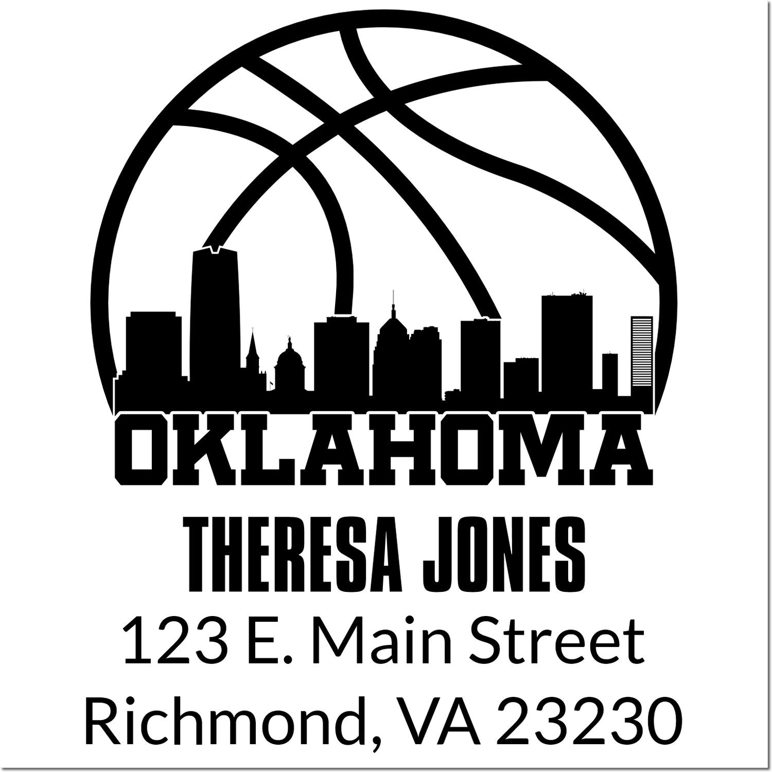 Custom Oklahoma skyline rubber stamp for Theresa Jones, with name and address: 123 E. Main Street, Richmond, VA 23230.