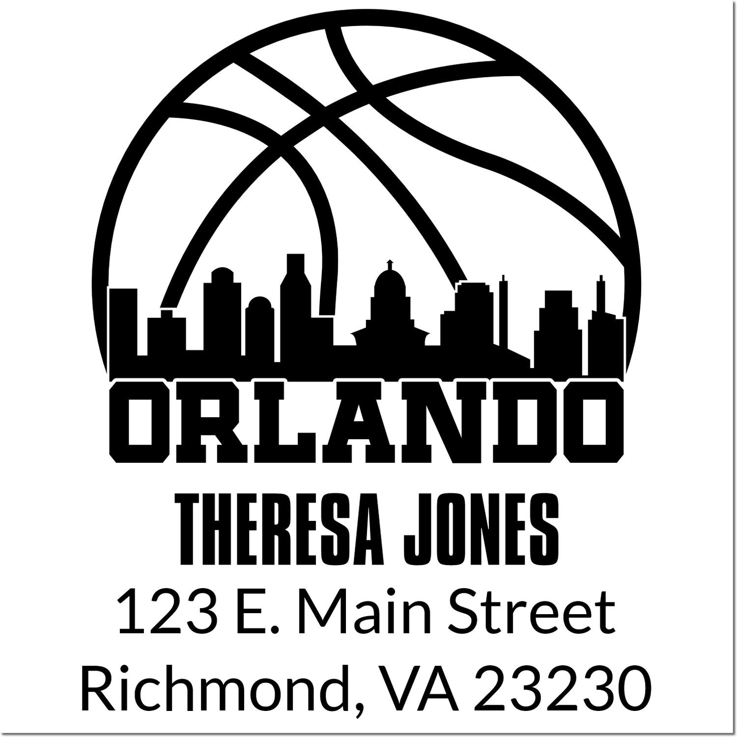 Personalized Orlando basketball skyline address rubber stamp with Theresa Jones and Richmond, VA return address.