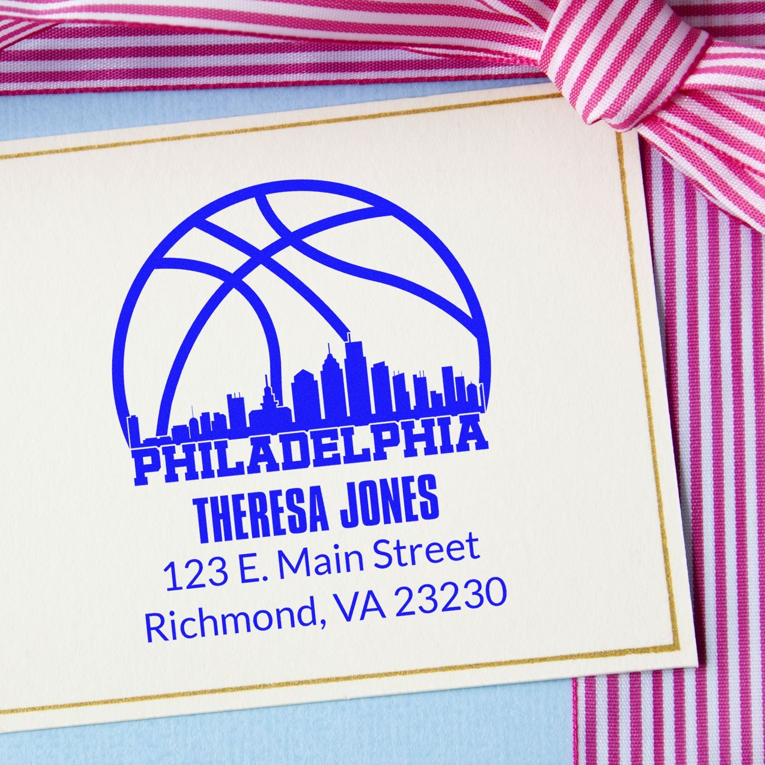 Custom Philadelphia skyline return address rubber stamp with name and address for personalized stationery