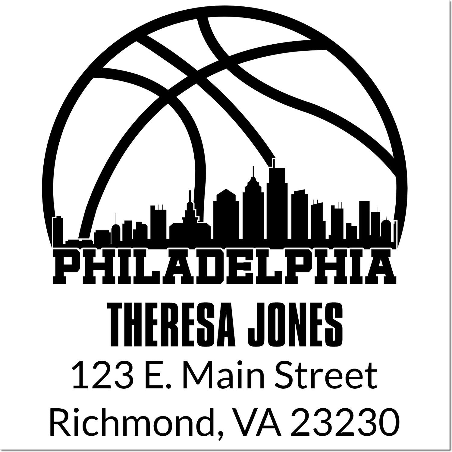 Custom Philadelphia skyline rubber stamp for Theresa Jones, with 123 E. Main Street, Richmond, VA 23230.