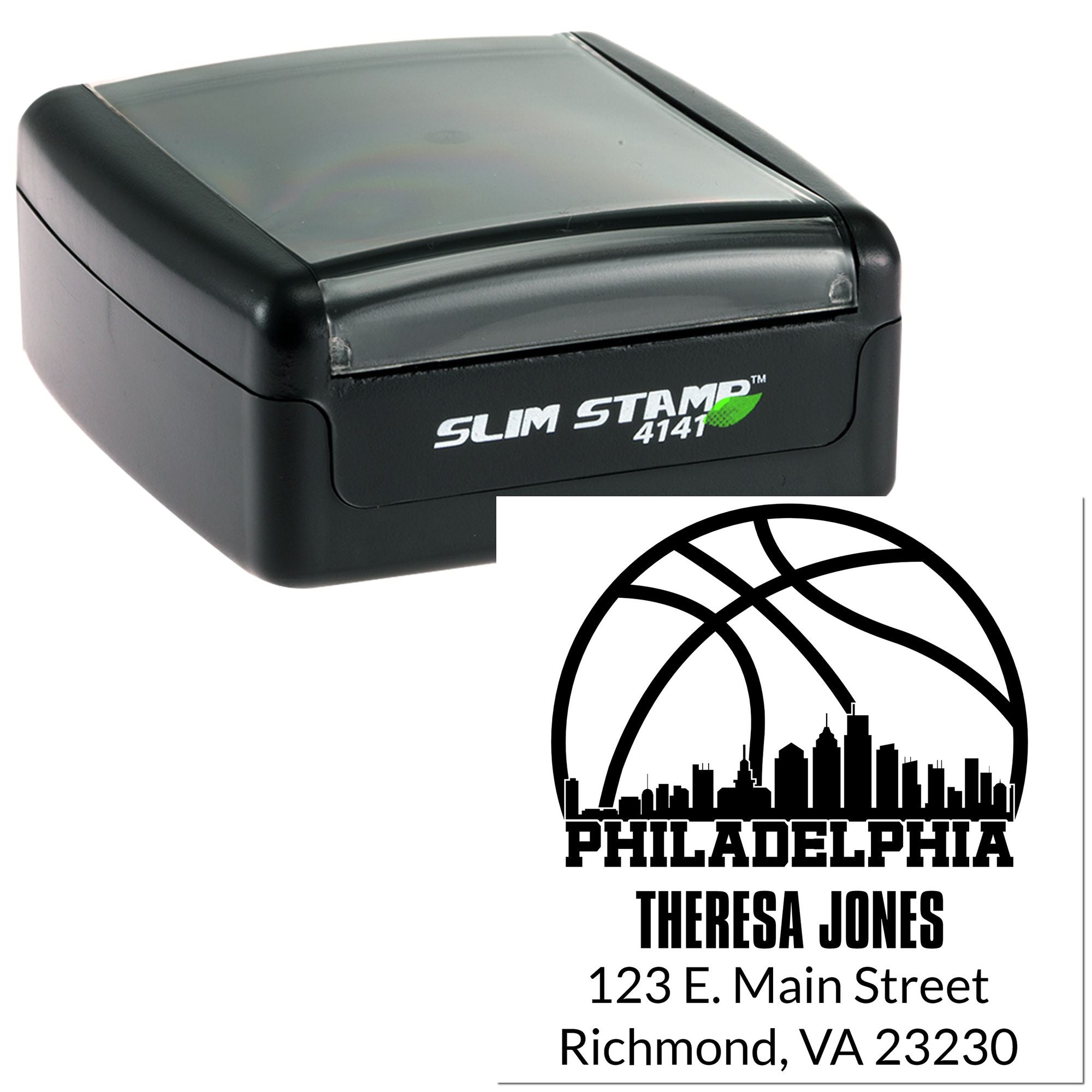 Custom self-inking rubber stamp with Philadelphia skyline, name, and address for business mailing and branding.
