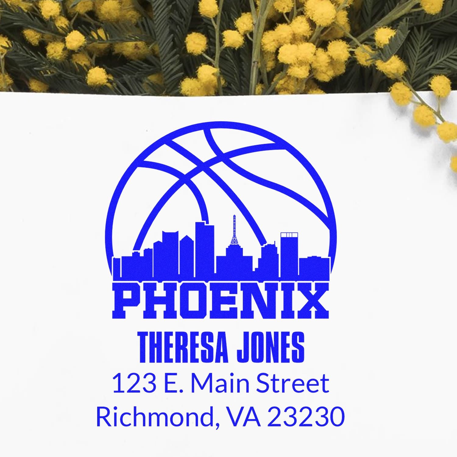 Custom Phoenix rubber stamp with skyline design, Theresa Jones name, and Richmond, VA 23230 return address.