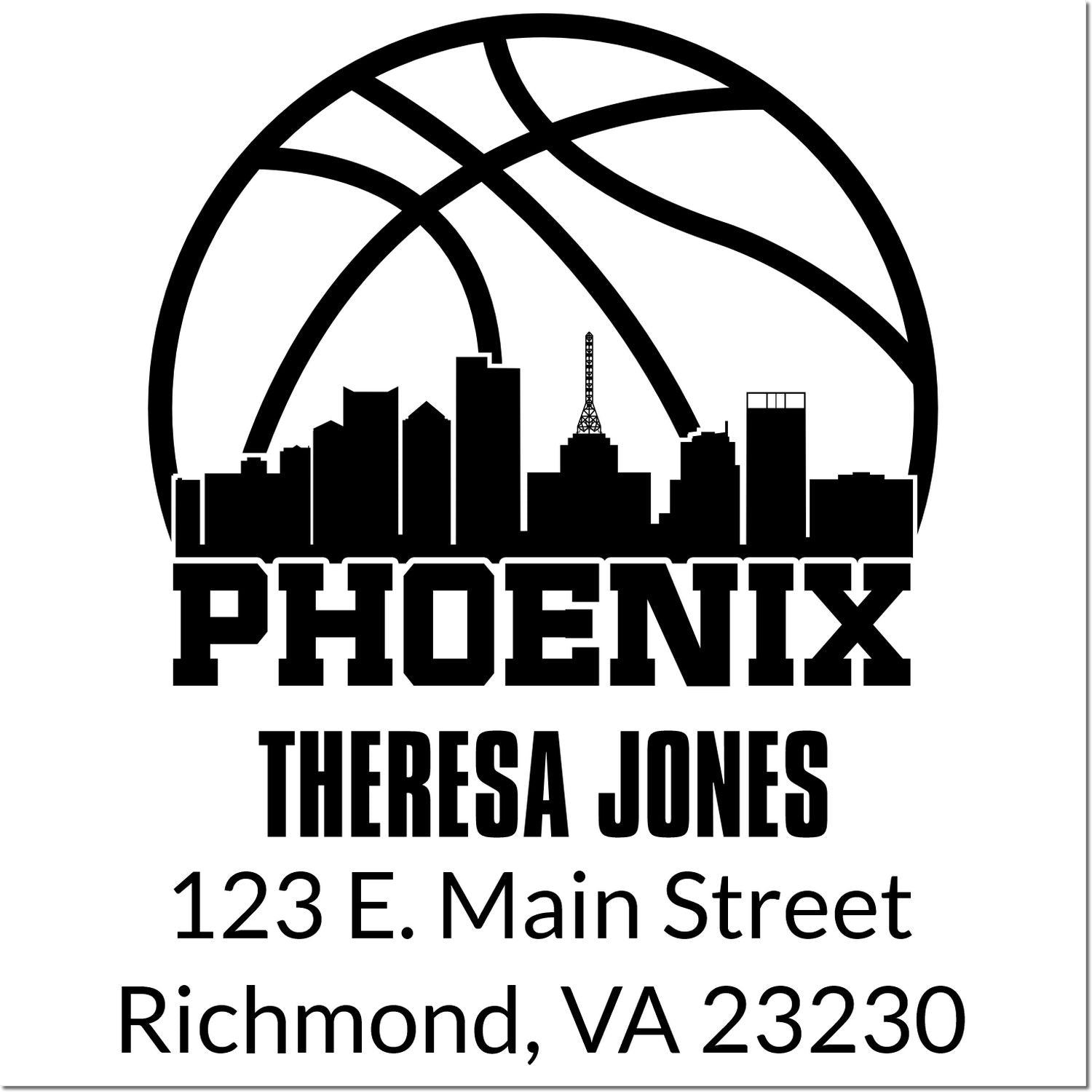 Custom Phoenix basketball rubber stamp with Theresa Jones return address, 123 E. Main Street, Richmond, VA 23230.
