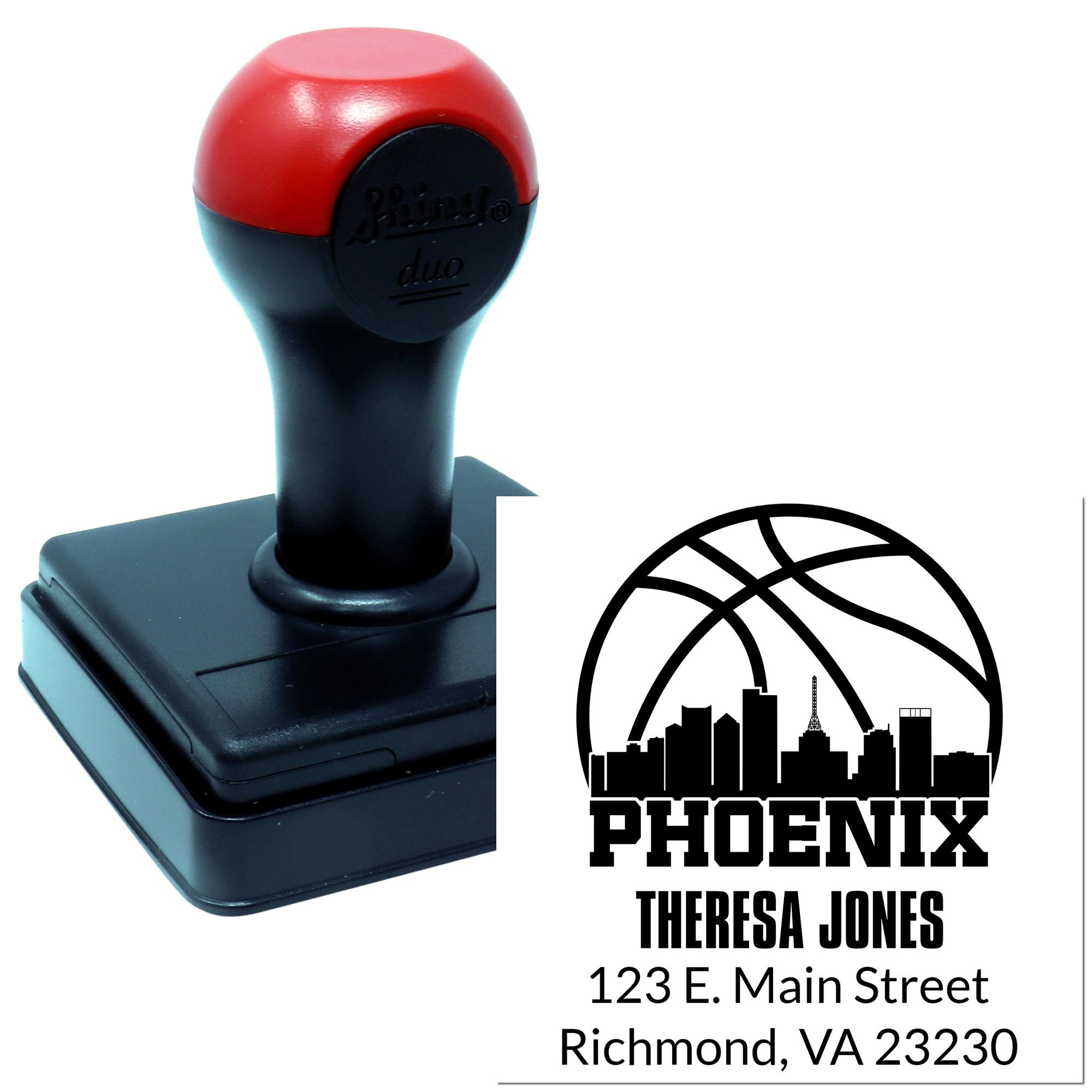 Custom self-inking rubber stamp with Phoenix logo, Theresa Jones name, and address for business mailing and branding.