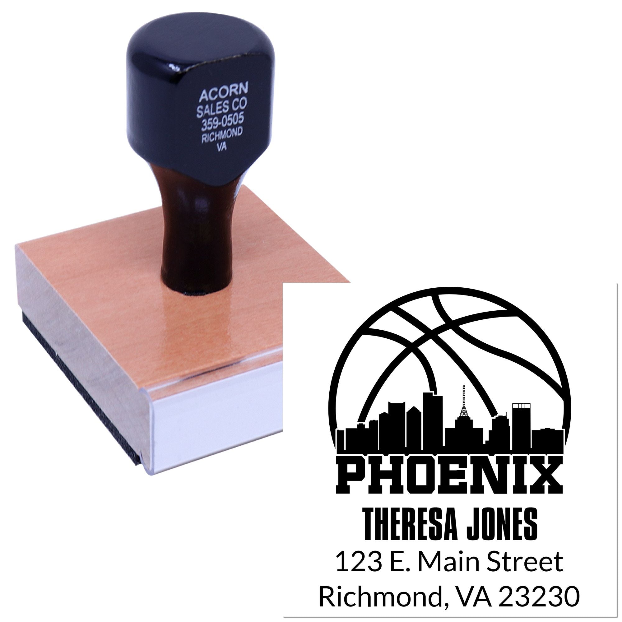 Personalized rubber address stamp with Phoenix logo, Theresa Jones name, and mailing address for business branding.