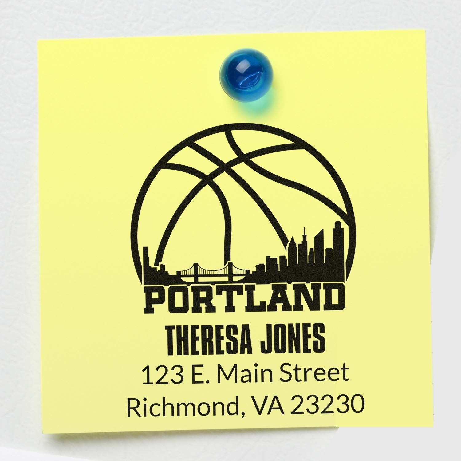 Custom rubber stamp design with Portland basketball skyline and Theresa Jones return address for Richmond, VA.