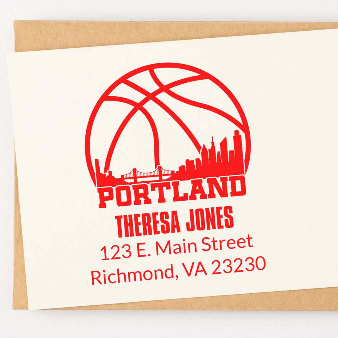 Custom Portland rubber address stamp with skyline logo, Theresa Jones, 123 E. Main Street, Richmond, VA 23230
